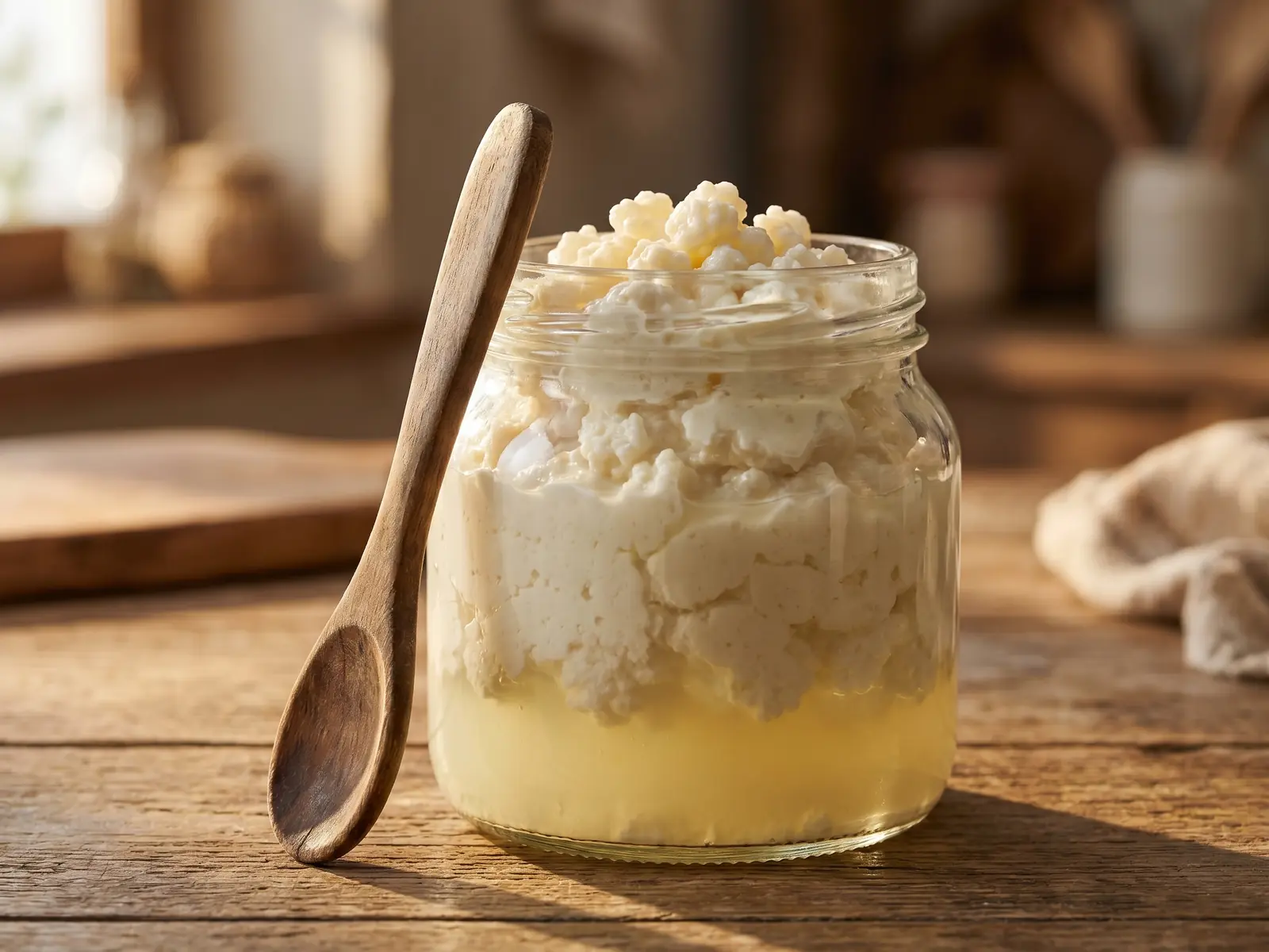 kefir aldi Pot met rijpe melkkefir, gescheiden wei en een houten lepel in zacht zijlicht.