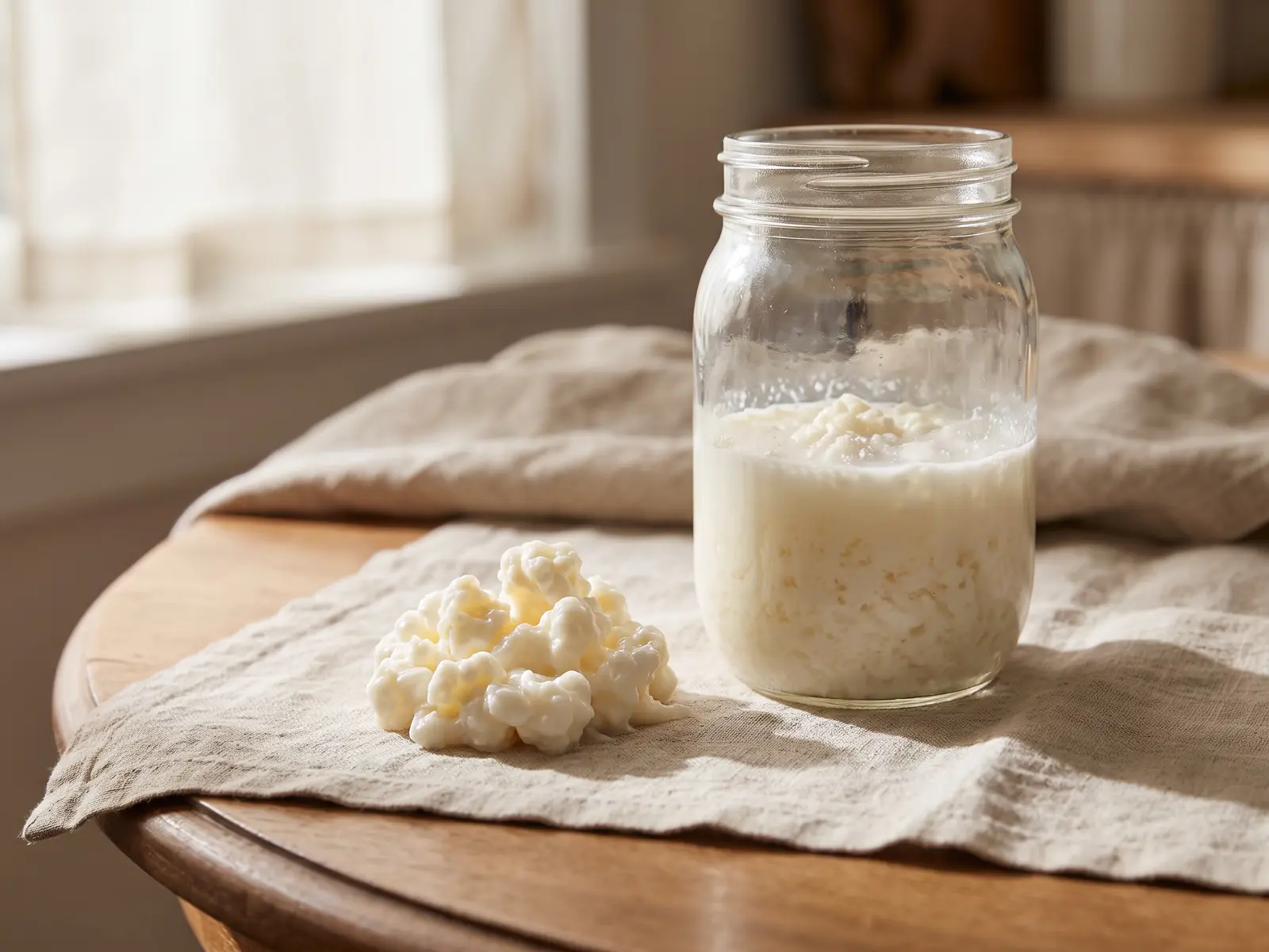 kefir vegan Pot met fermenterende kefirkorrels op een ronde tafel met ruw linnen en zacht middaglicht.