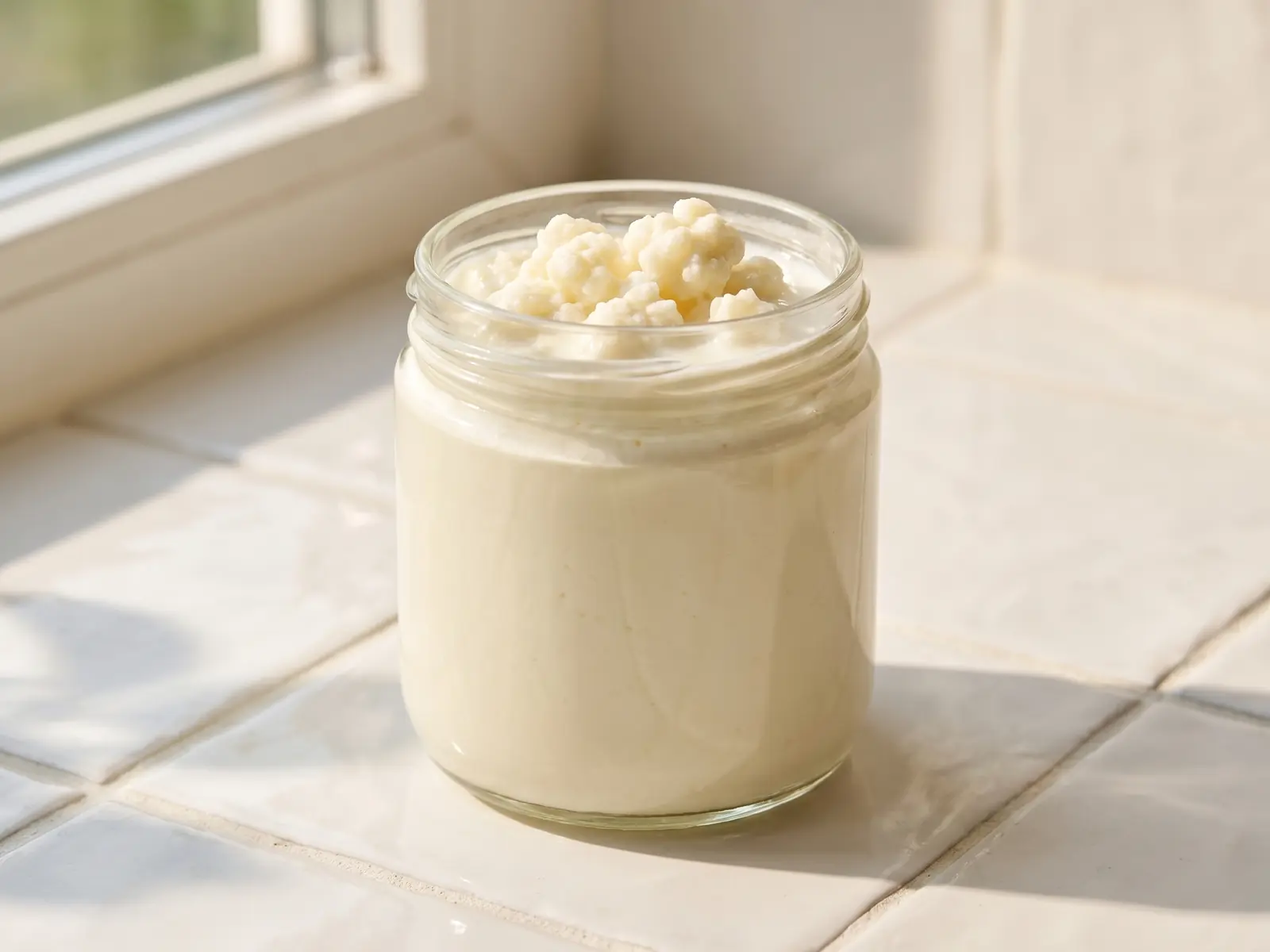 kefir safe Schone pot melkkefir op witte tegels met zachte schaduw van zijlicht door een raam.