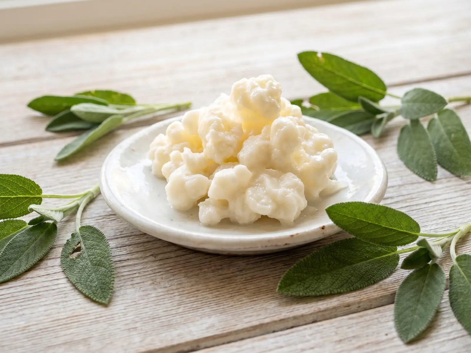 kefir op nuchtere maag Onregelmatige kefirkorrels op een wit schoteltje met salieblaadjes op licht hout.