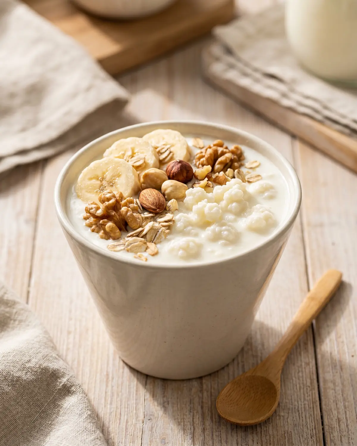 goede kefir Smalle kom met melkkefir, banaan, walnoten en havermout, verticaal gefotografeerd voor ontbijt.