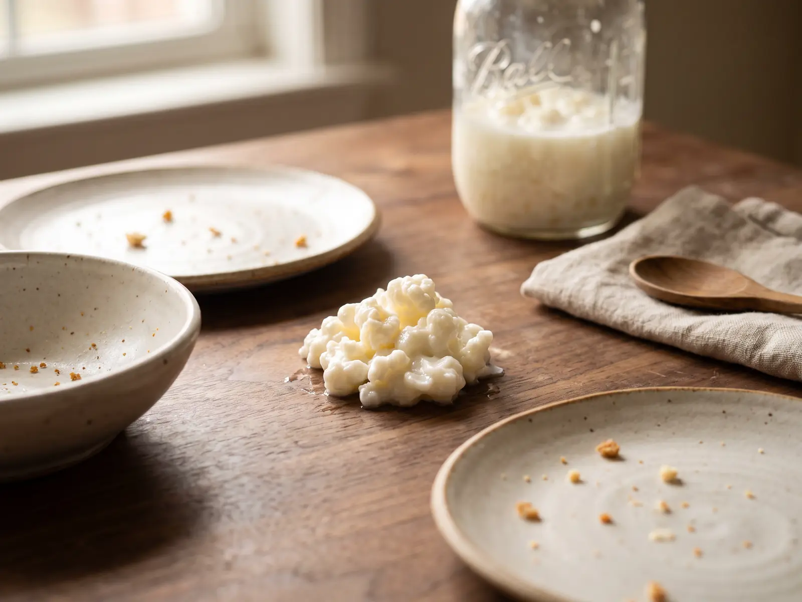 kefir bijwerkingen Rustige tafel van notenhout met lege keramische borden en een pot met kefirkorrels op de achtergrond.