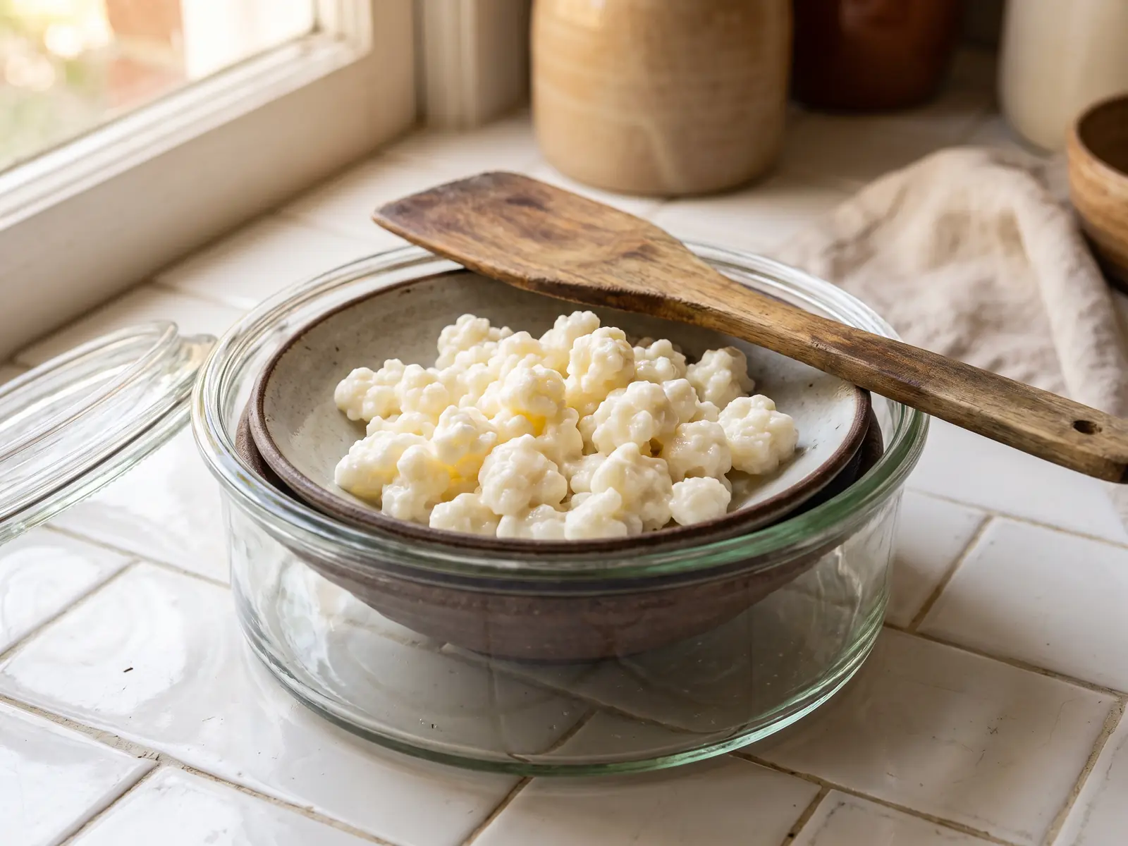 Open pot melkkefir op witte tegels met zichtbare korrels en een houten spatel op een diep bord.