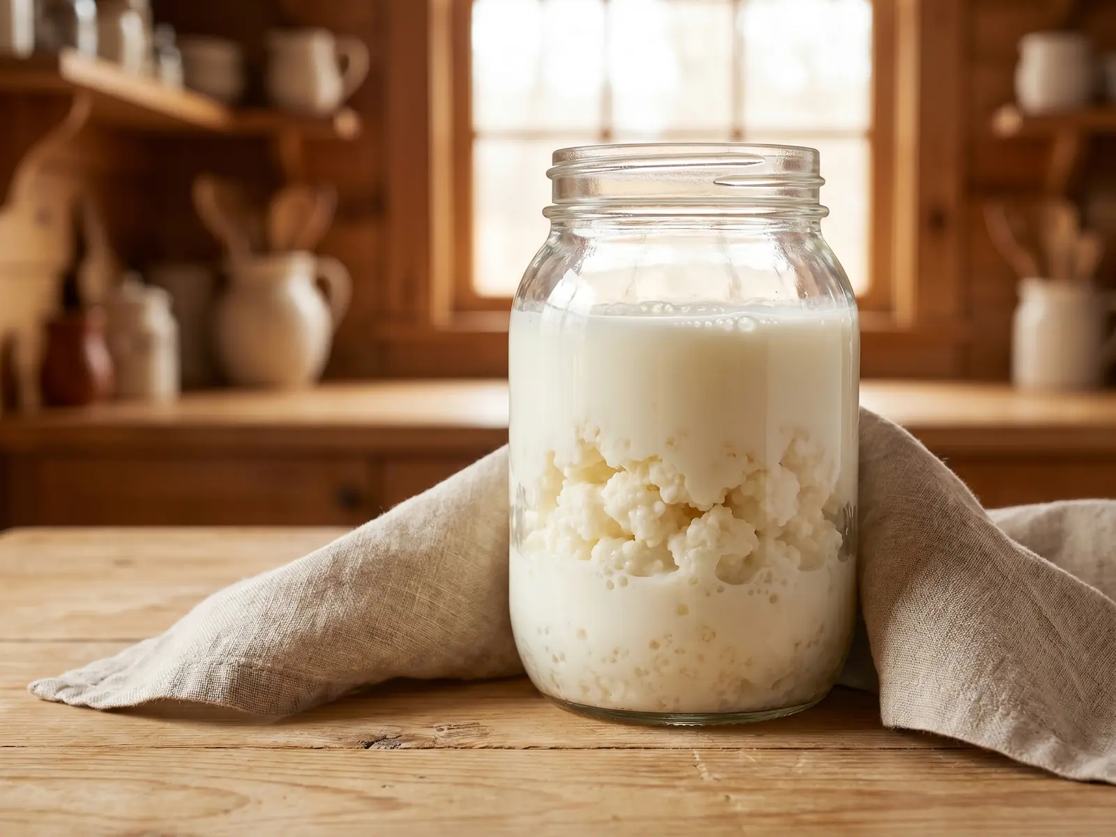 Glazen pot met melk en kefirkorrels in zacht tegenlicht naast een raam in de keuken.