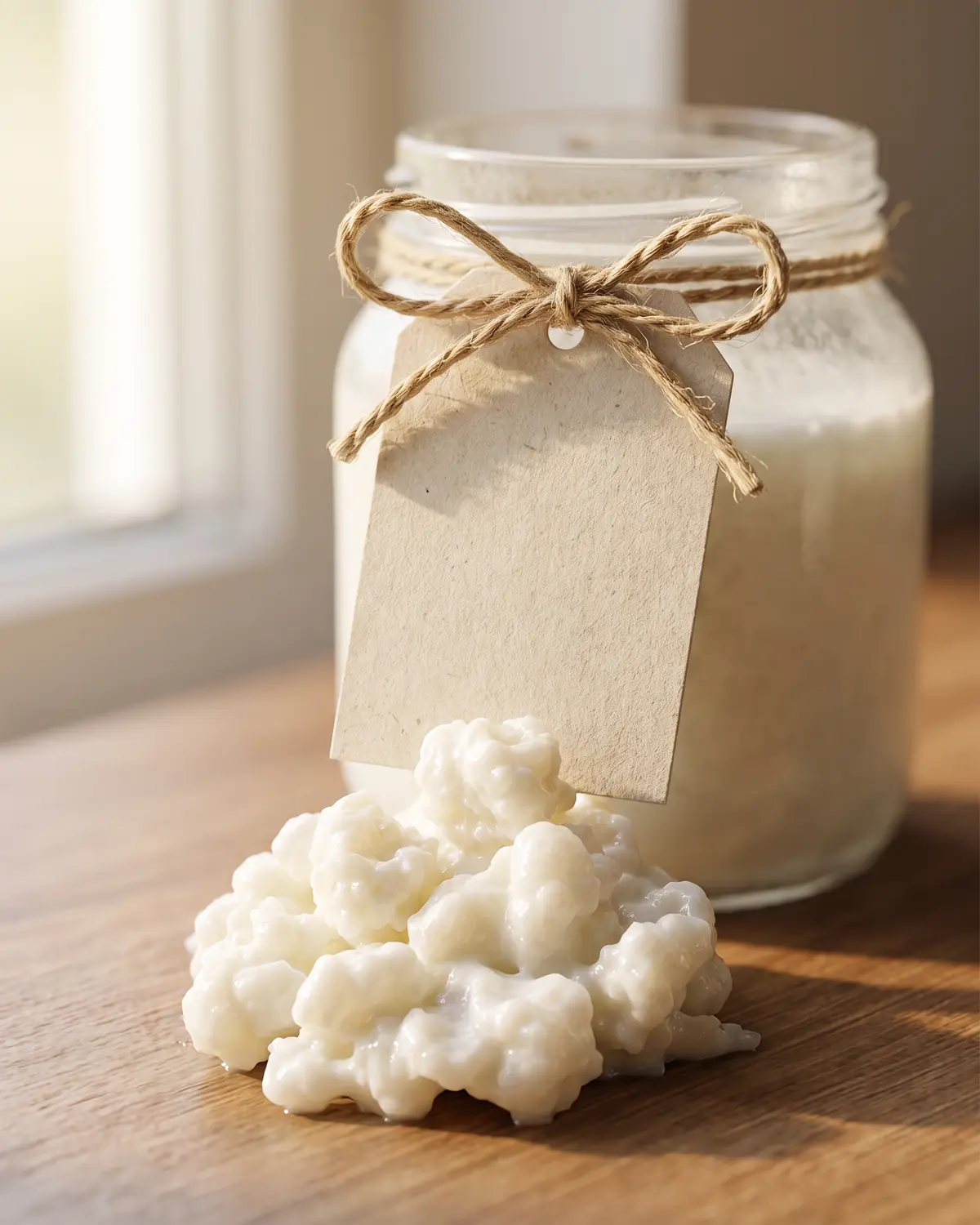 kefir vegan Leeg etiket met touwknoop naast een melkachtige fermentatiepot op de achtergrond met zachte schaduw.