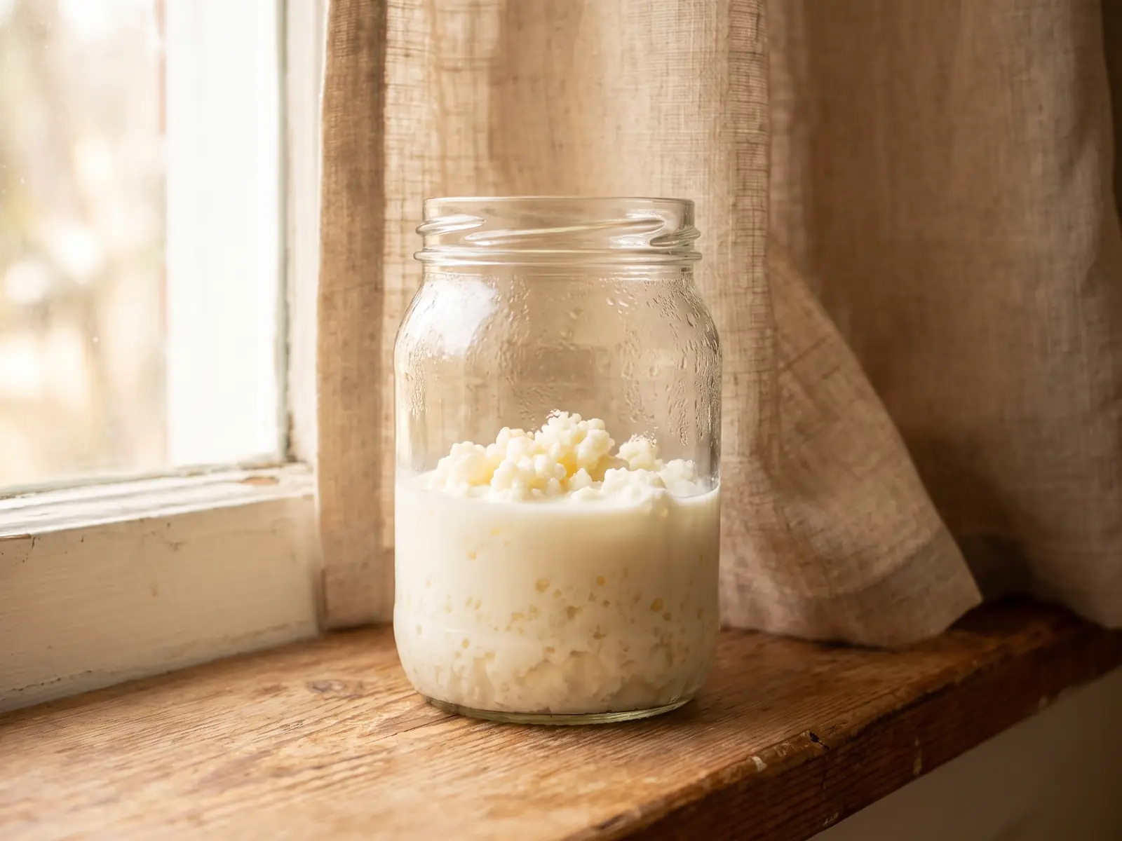 kefir eczeem Glazen pot met melkkefir op een ochtendvensterbank, met condens, korrels in melk en een linnen gordijn.