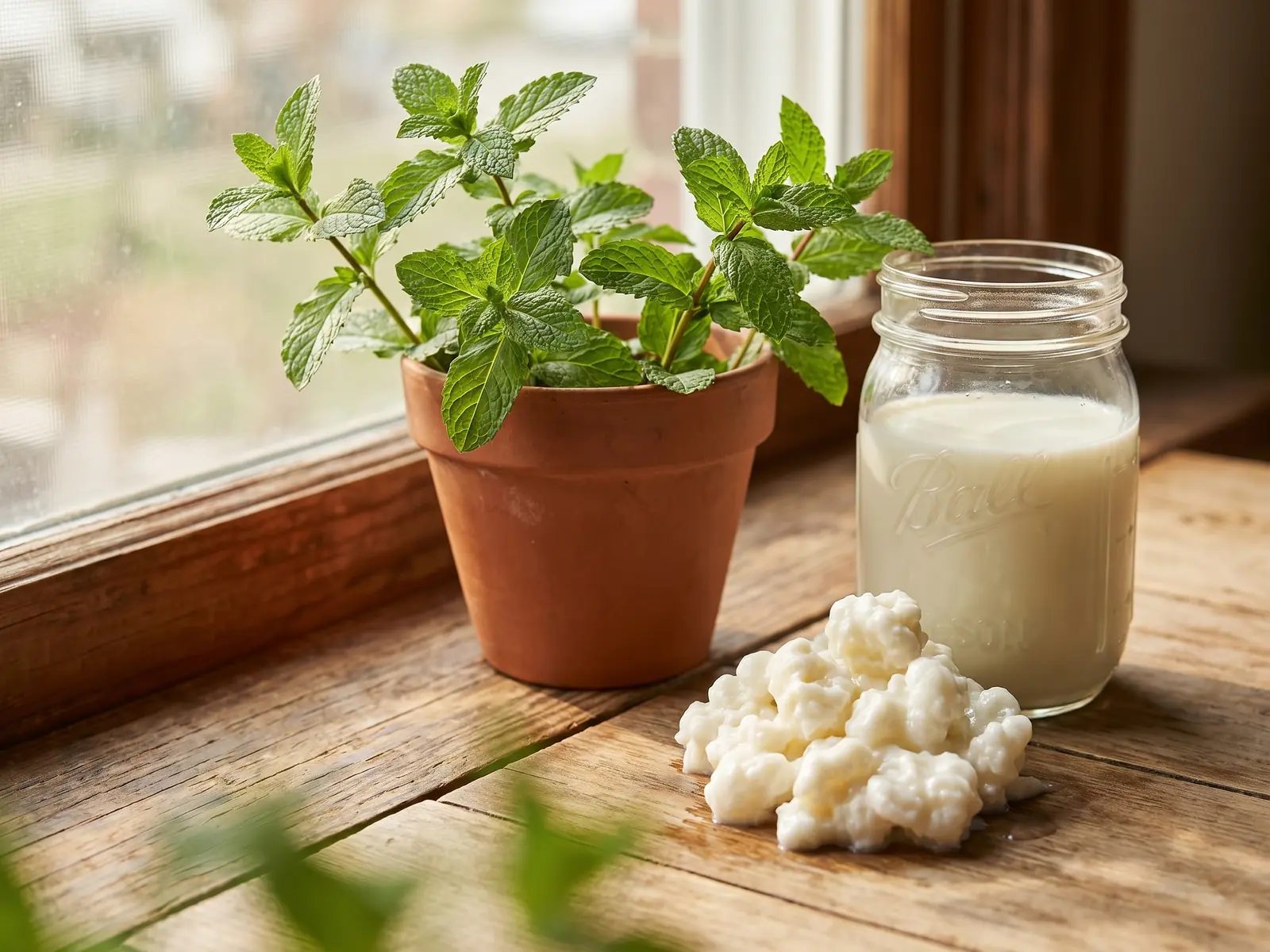 kefir diarree Pot melkkefir met korrels op een vensterbank naast munt, met zachte groene schaduwen op het glas.