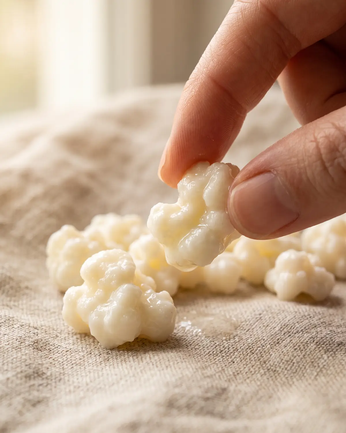 kefir aldi Twee vingers houden een glanzende kefirkorrel met bloemkoolachtige structuur boven linnen vast.
