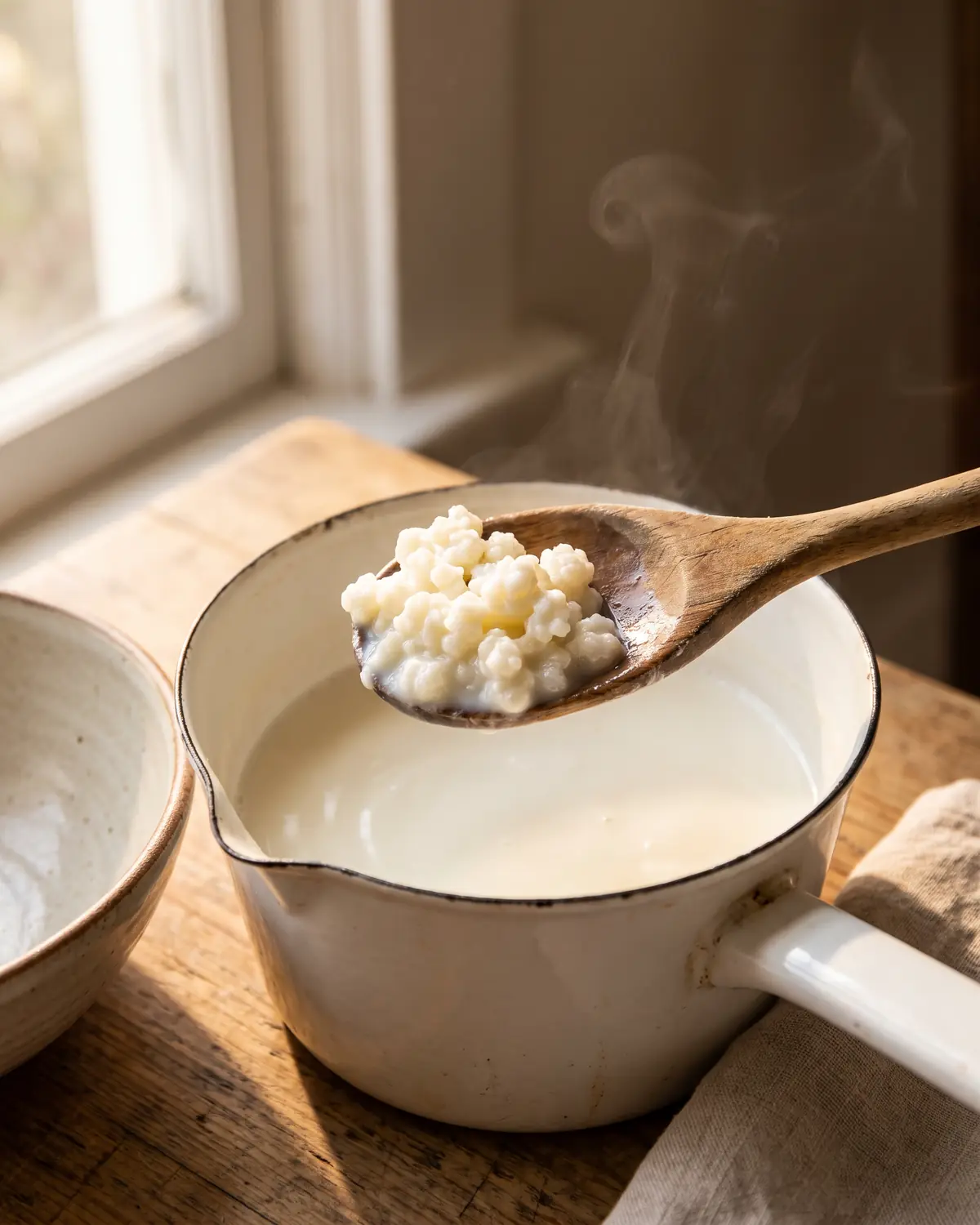 kefir maken met lactosevrije melk Lauwe melk rust in een geëmailleerde pan terwijl kefirkorrels klaar liggen op een houten lepel.