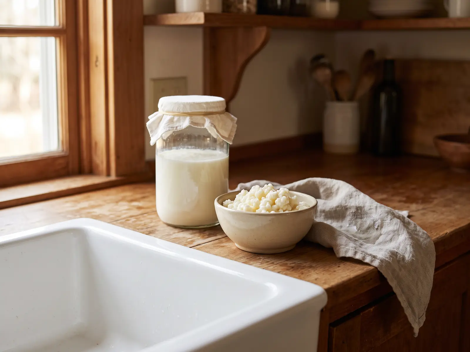 Glazen pot met melkfermentatie bij een witte wasbak, met kefirkorrels in een beige kom ernaast.