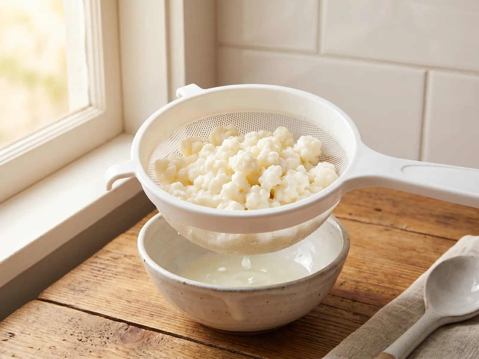 kefir lidl Witte kunststof zeef met crèmekleurige melkkefirkorrels boven een keramische kom op keukentegels.