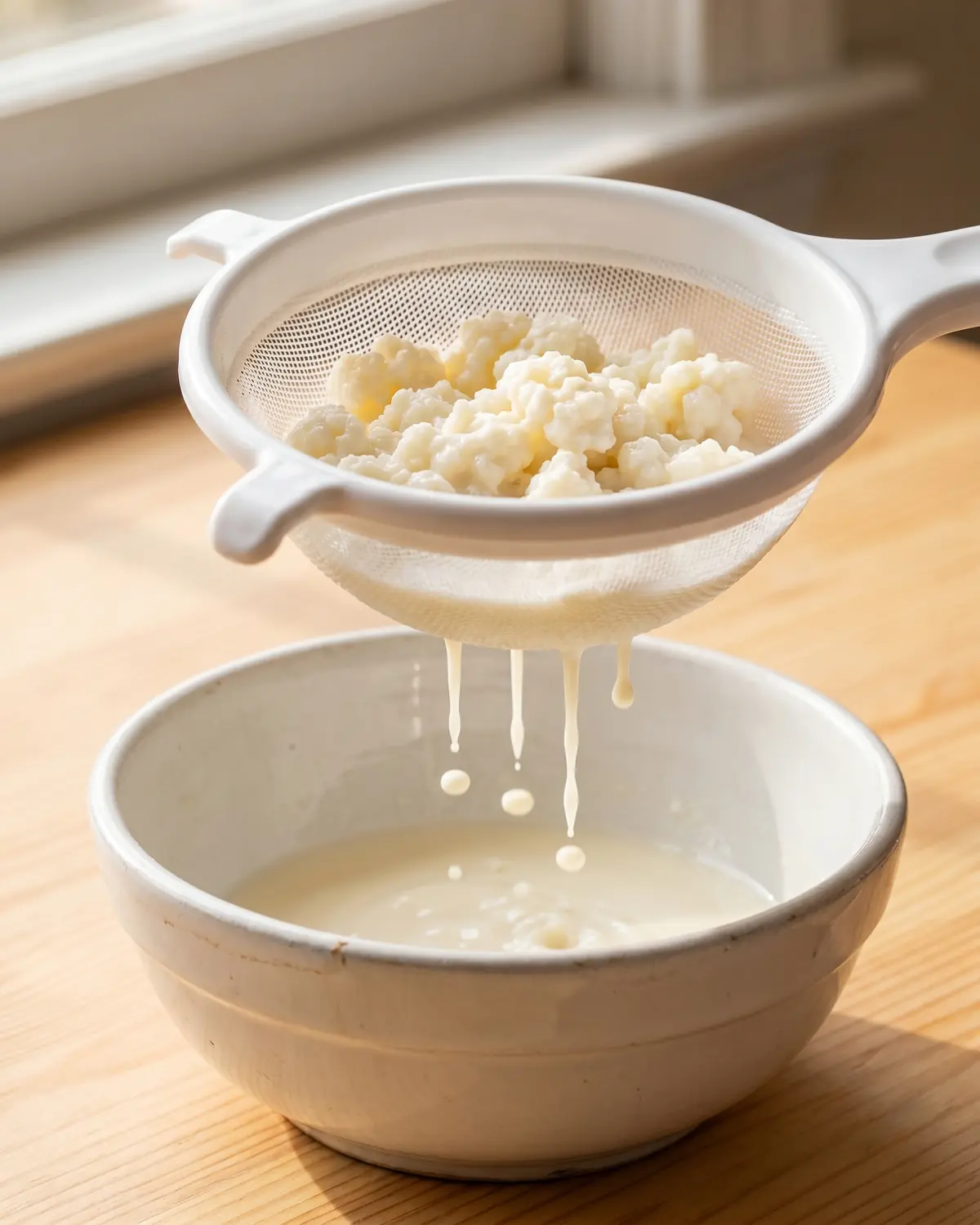 Kefirkorrels in een witte zeef terwijl een druppel gefermenteerde melk in een kom valt.