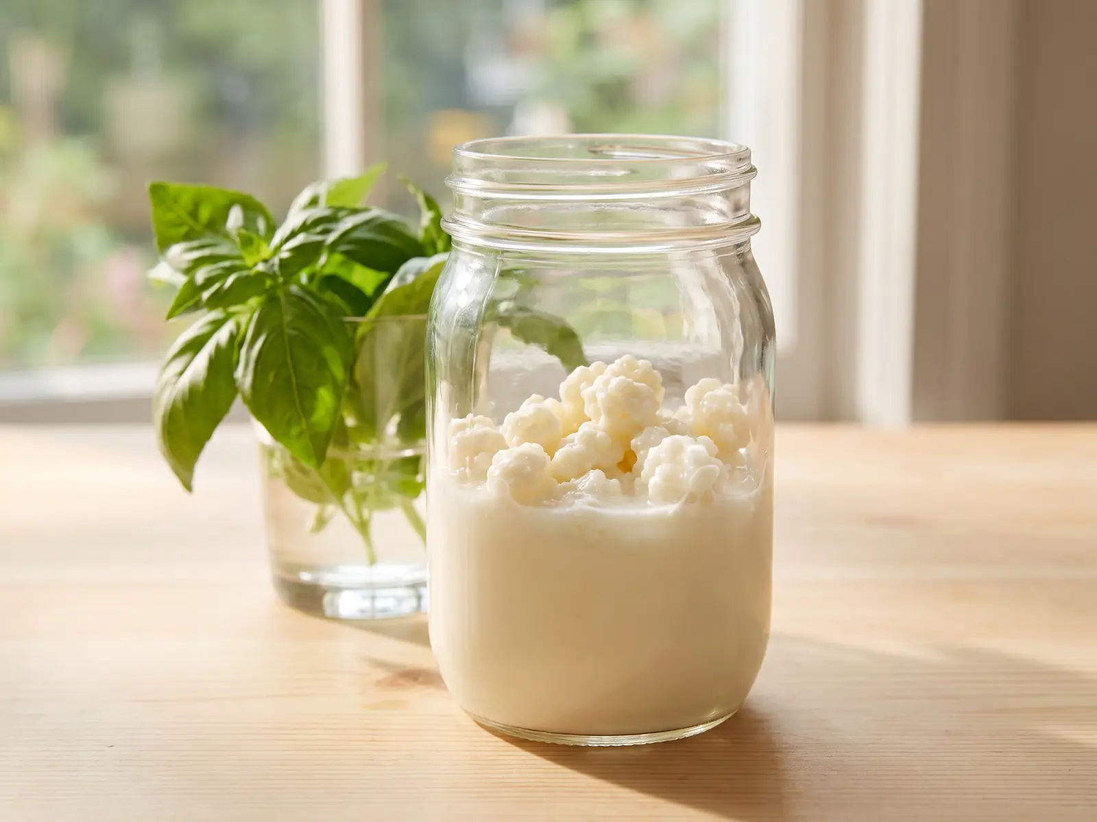 kefir verwarmen Pot met melkkefir en kefirkorrels op licht hout, met verse basilicum en zacht zomerlicht bij het raam.