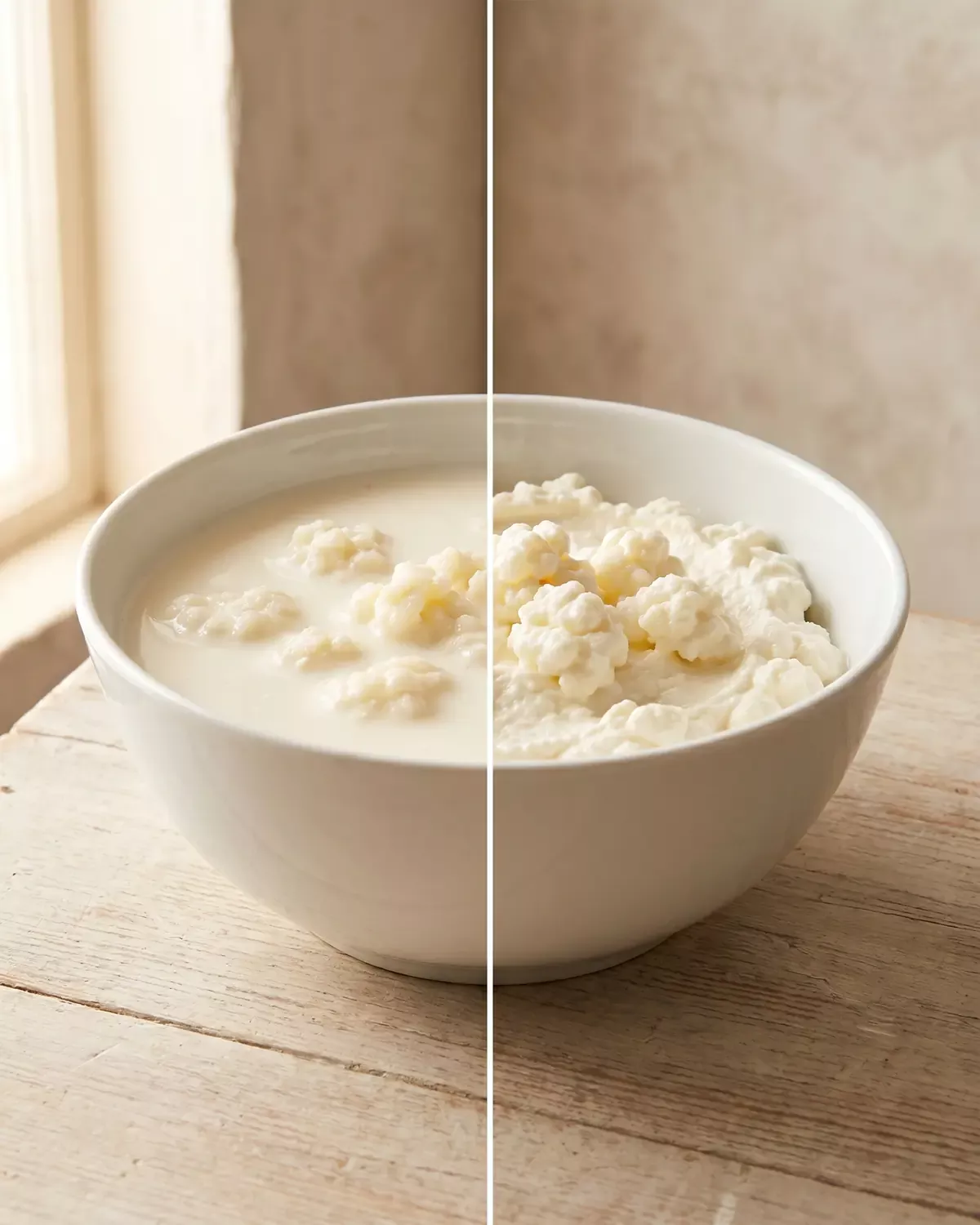 kefir kopen turkse winkel Twee witte kommen tonen het verschil tussen drinkbare melkkefir en dikkere, uitgelekte kefir.