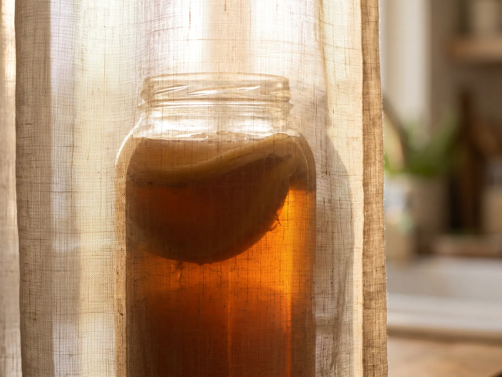 kombucha cultuur Amberkleurige pot met kombuchacultuur achter een lichte linnen gordijn, met de SCOBY als donkere schijf zichtbaar.