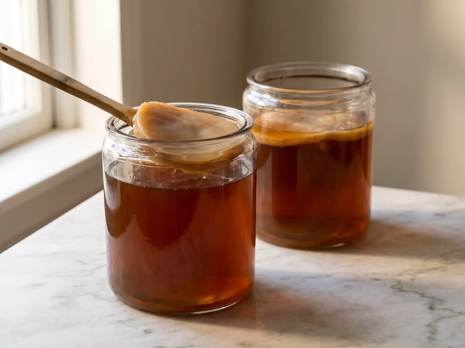 kombucha gevaarlijk Twee potten kombucha met rustige SCOBY’s op een mat marmeren aanrecht op een bewolkte dag