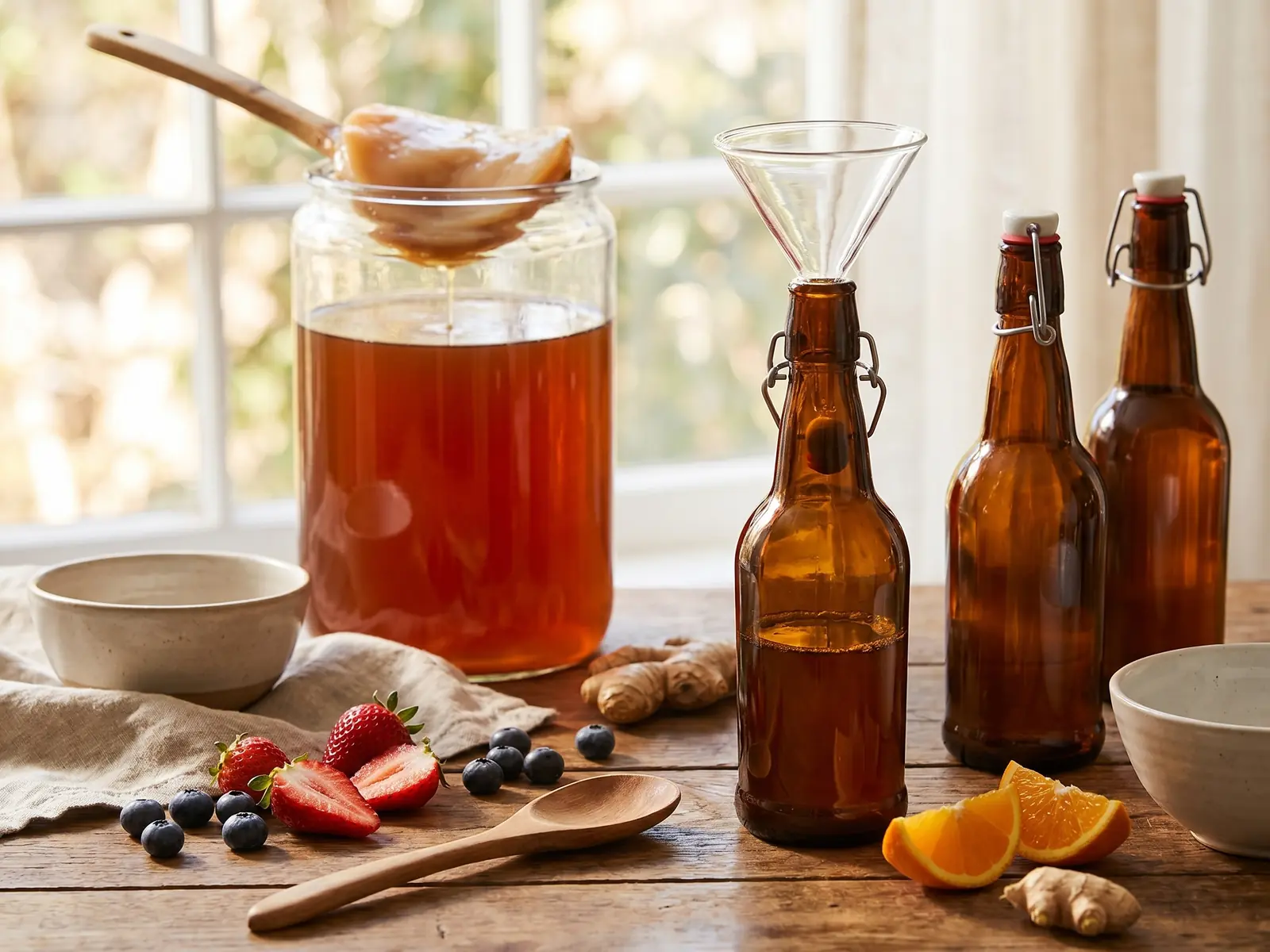 kombucha gezond Bodegón met kombucha, glazen trechter, vers fruit en houten lepel tijdens het bottelen.
