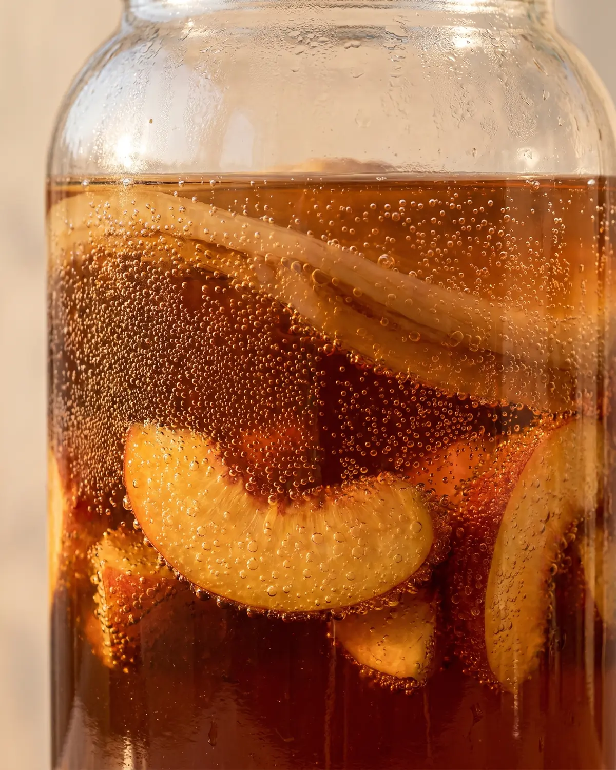 kombucha zwam maken Fijne belletjes kleven aan het glas van een fles kombucha met verse perzik op de achtergrond.