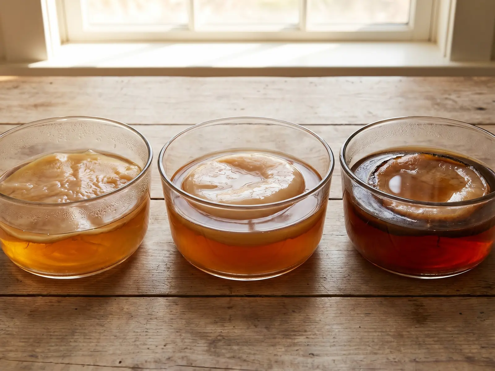 kombucha thee Drie kommen met dunne en dikke SCOBY-lagen in thee, met zichtbaar donkerder randje in de startervloeistof.