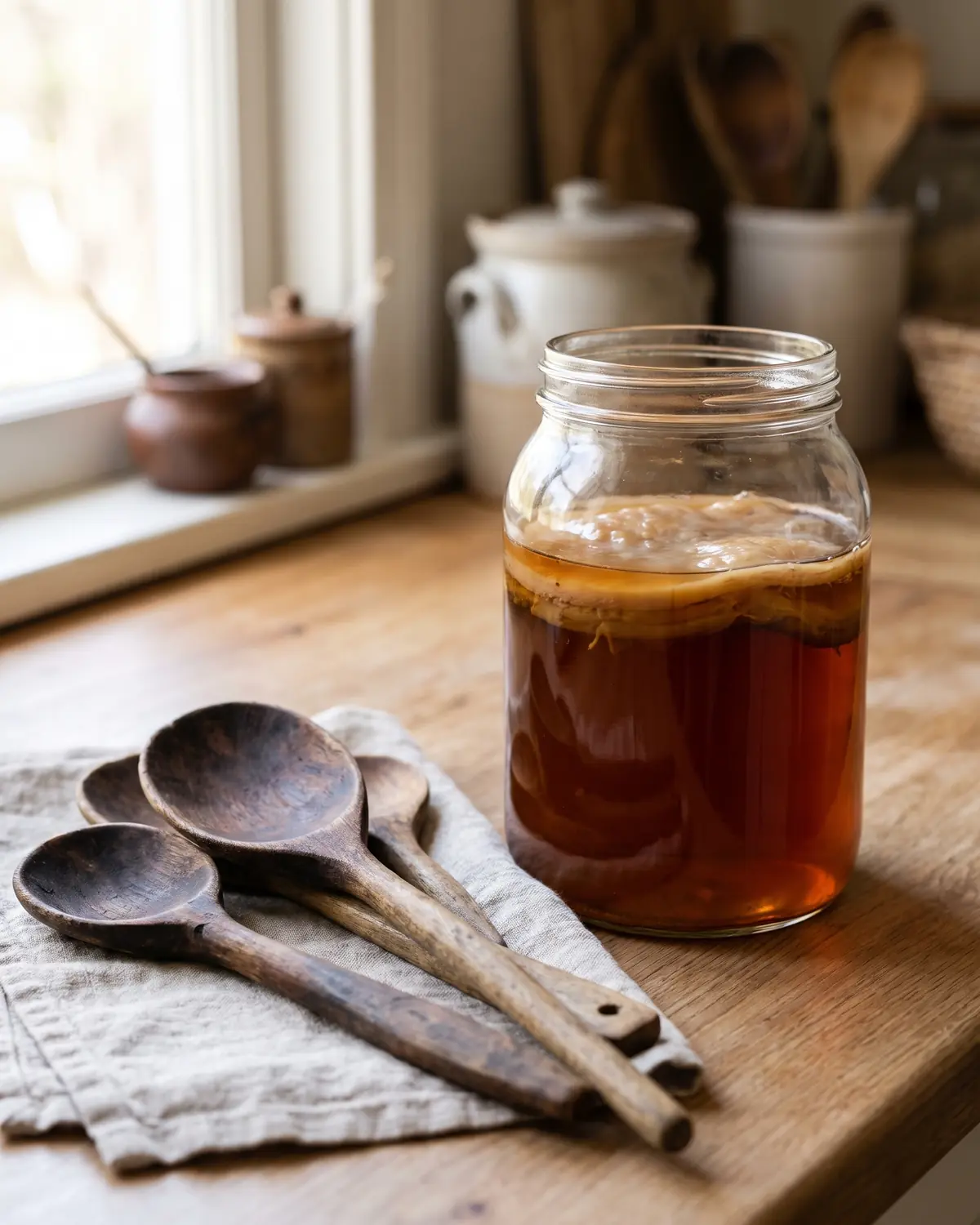 schimmel op kombucha Houten lepels drogen naast een pot met amberkleurige kombucha en een SCOBY op de achtergrond.