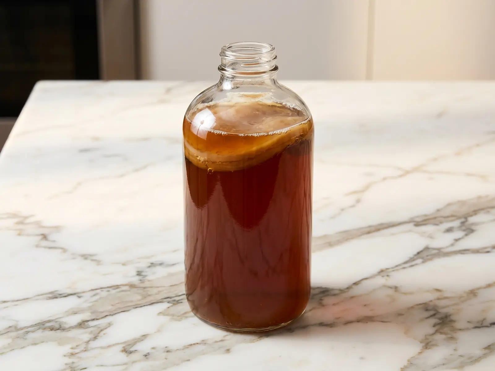 Fles amberkleurige kombucha op wit marmer met subtiele bubbels rond de gefermenteerde drank.