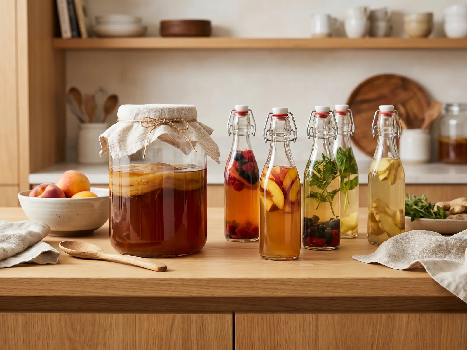 Meerdere glazen potten met kombucha in eerste en tweede fermentatie op een keukenblad.
