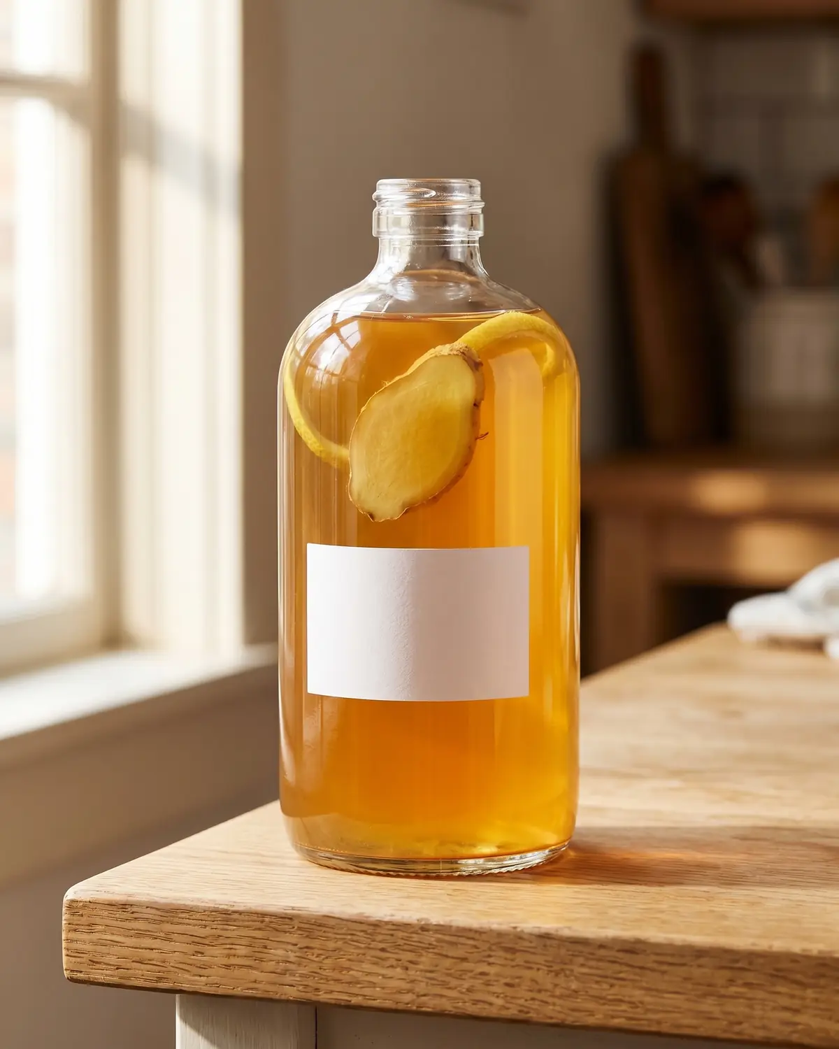 kombucha zwam Close-up van amberkleurige kombucha in een fles, met zichtbare stukjes gember en citroen binnenin.