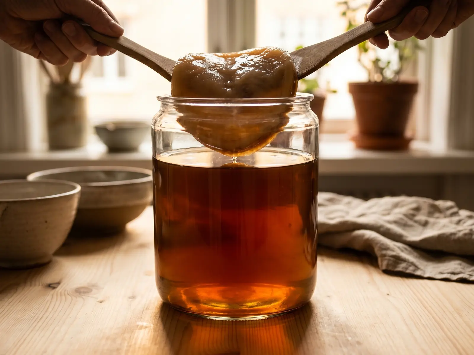 Glazen pot met kombucha en SCOBY in tegenlicht, met natuurlijk licht door de drank en cultuur.