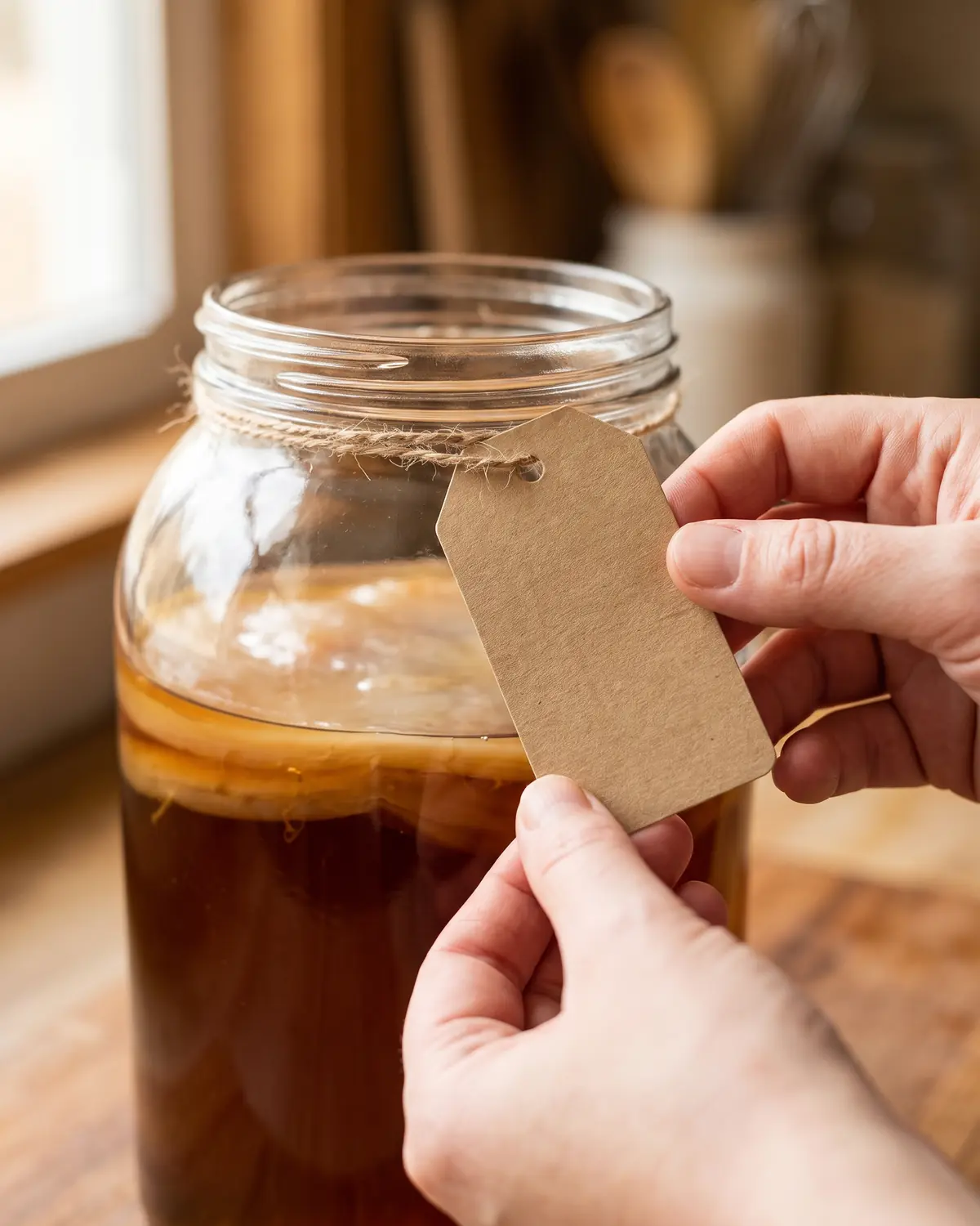 kombucha cultuur Hand bevestigt een blanco kraftetiket aan een kombuchapot, met een amberkleurige SCOBY zacht op de achtergrond.