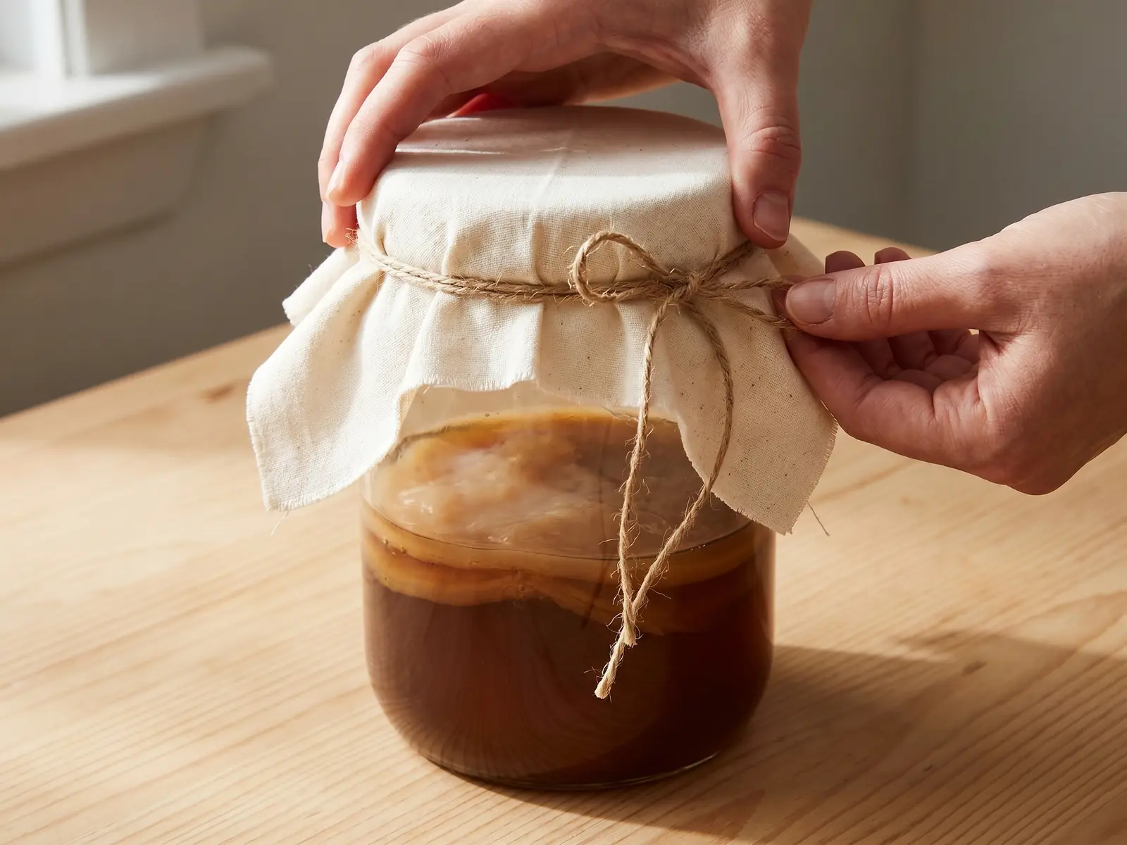 kombucha zwam maken Hand legt een katoenen doek over een glazen pot kombucha op licht hout met natuurlijk koord.