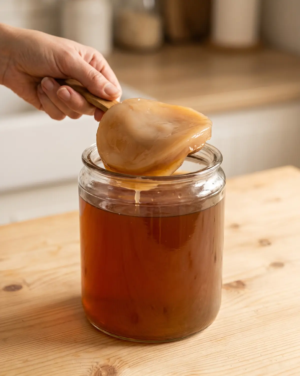 Hand tilt een SCOBY met een houten lepel uit een glazen pot met gefermenteerde thee.