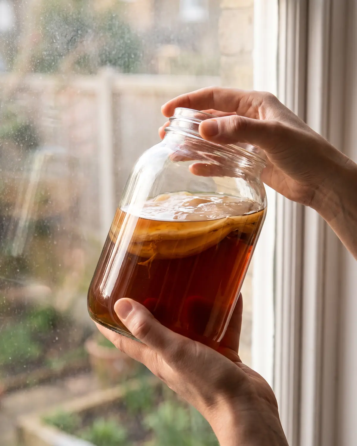 scoby dood Twee handen houden een kombuchapot tegen het raam om helderheid en een zwevende beige bruine SCOBY te bekijken.