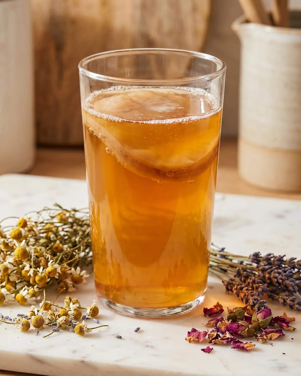 kombucha thee Hoog glas met amberkleurige kombucha naast droogbloemen op wit geaderd marmer, klaar om te drinken.