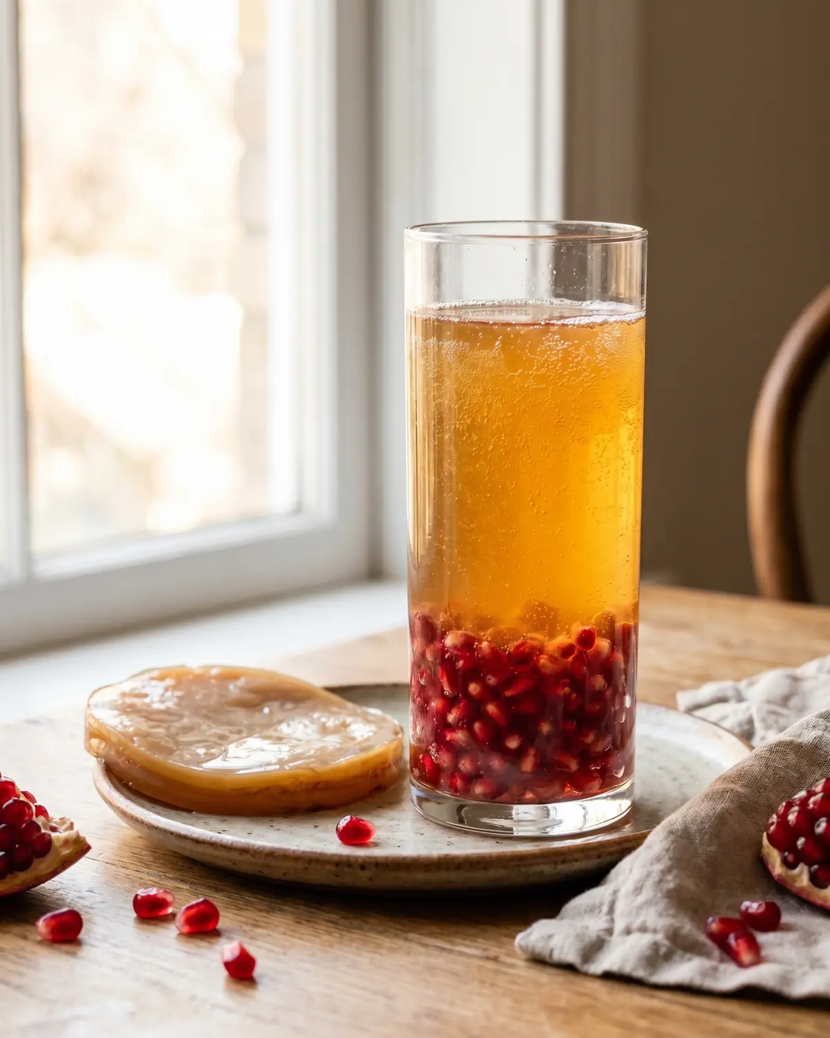 Hoog glas kombucha met granaatappelpitjes op de bodem en zacht raamlicht langs het glas.