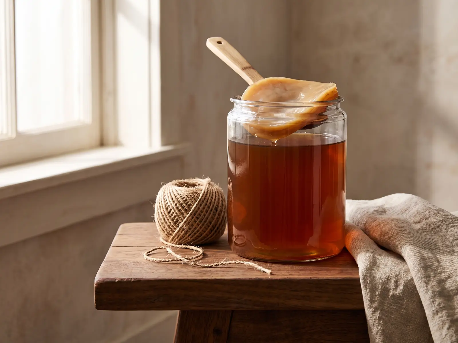 schimmel op kombucha Glazen pot met kombucha op een lage houten bank naast natuurlijk touw en linnen.