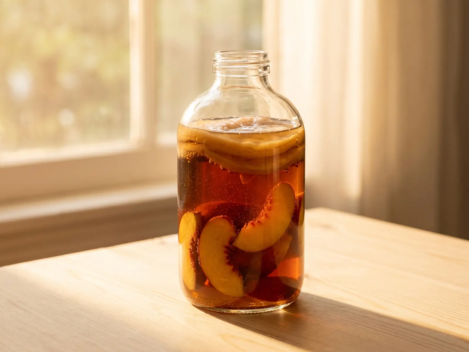 Transparante fles kombucha met perzik op licht hout, gefotografeerd in zacht zomerlijk tegenlicht.