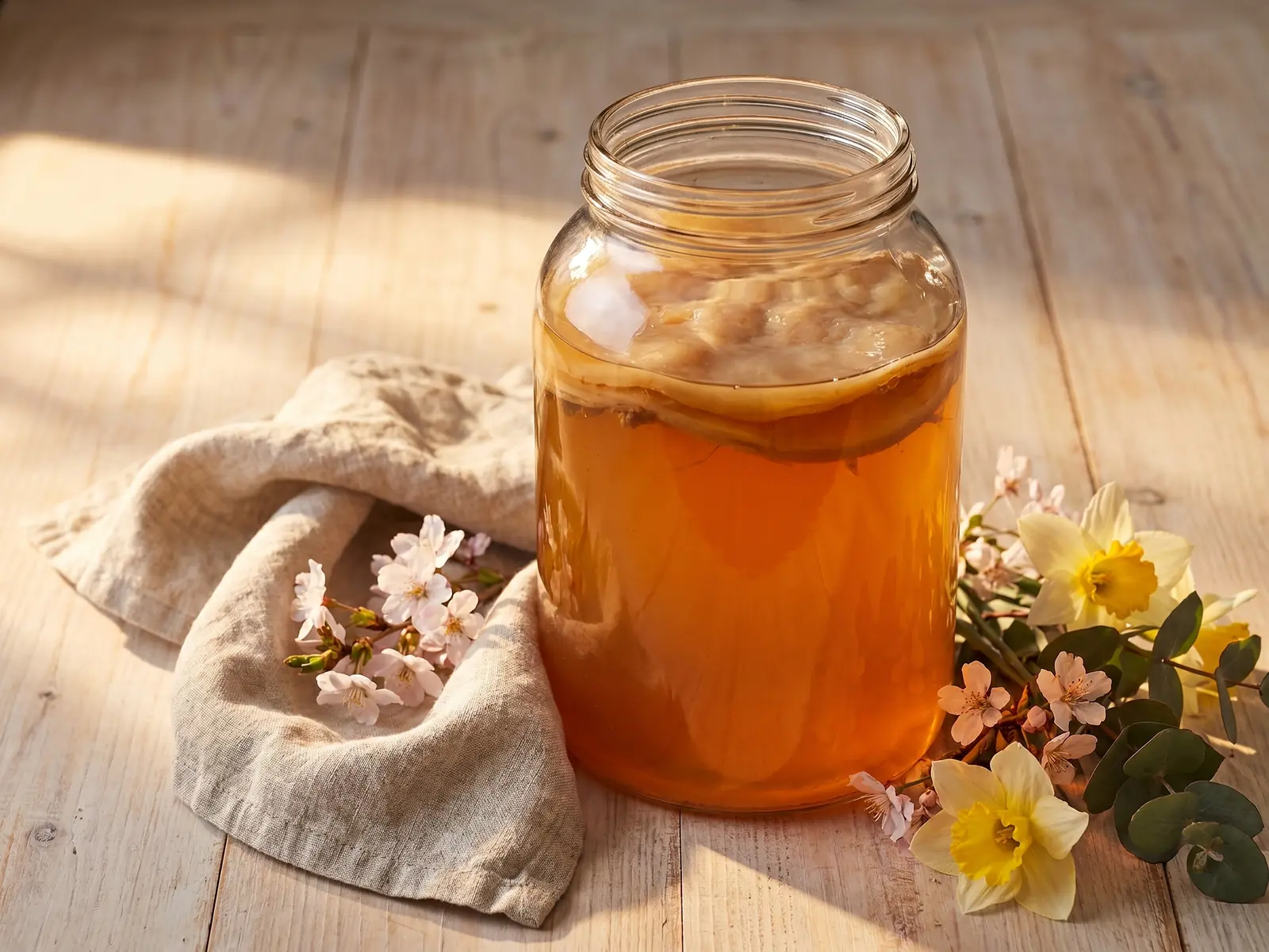 Glazen pot met amberkleurige kombucha naast lentebloemen, ruw linnen en warm zijlicht.