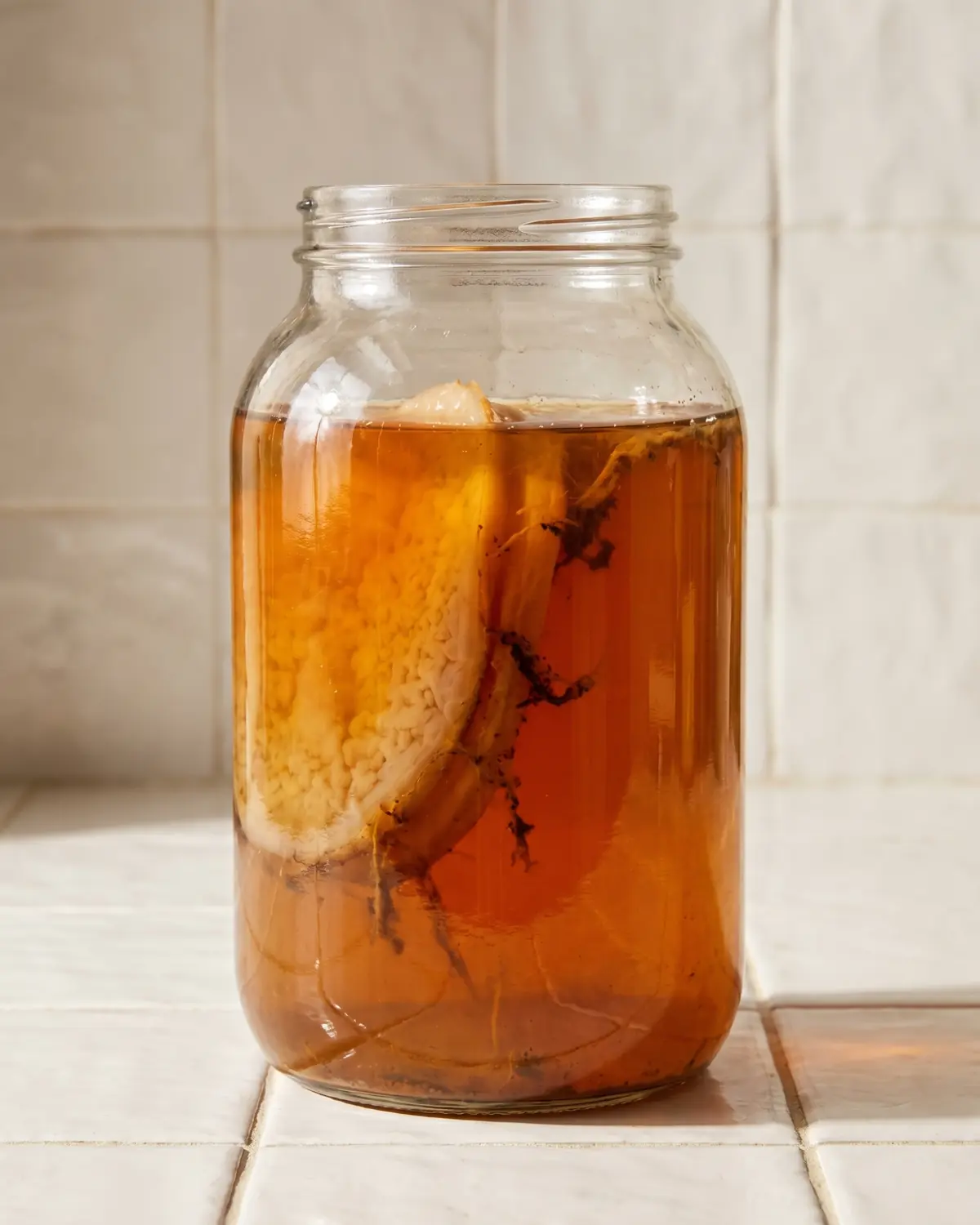 kombucha gezond Glazen pot kombucha op witte tegels met donkere theedraden en een zichtbare SCOBY in de vloeistof.