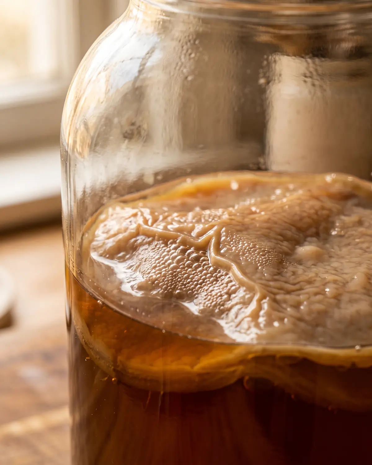 Close-up van belletjes onder een beige bruine SCOBY-plooi, warm belicht vanaf de zijkant.