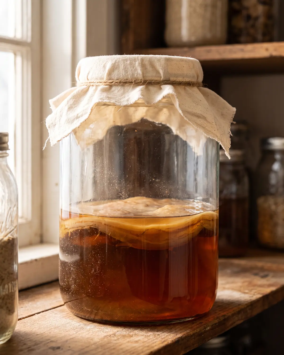 kombucha benefits Glazen pot met donkere SCOBY achter crèmekleurige doek op een plank met zachte stoflaag op het glas