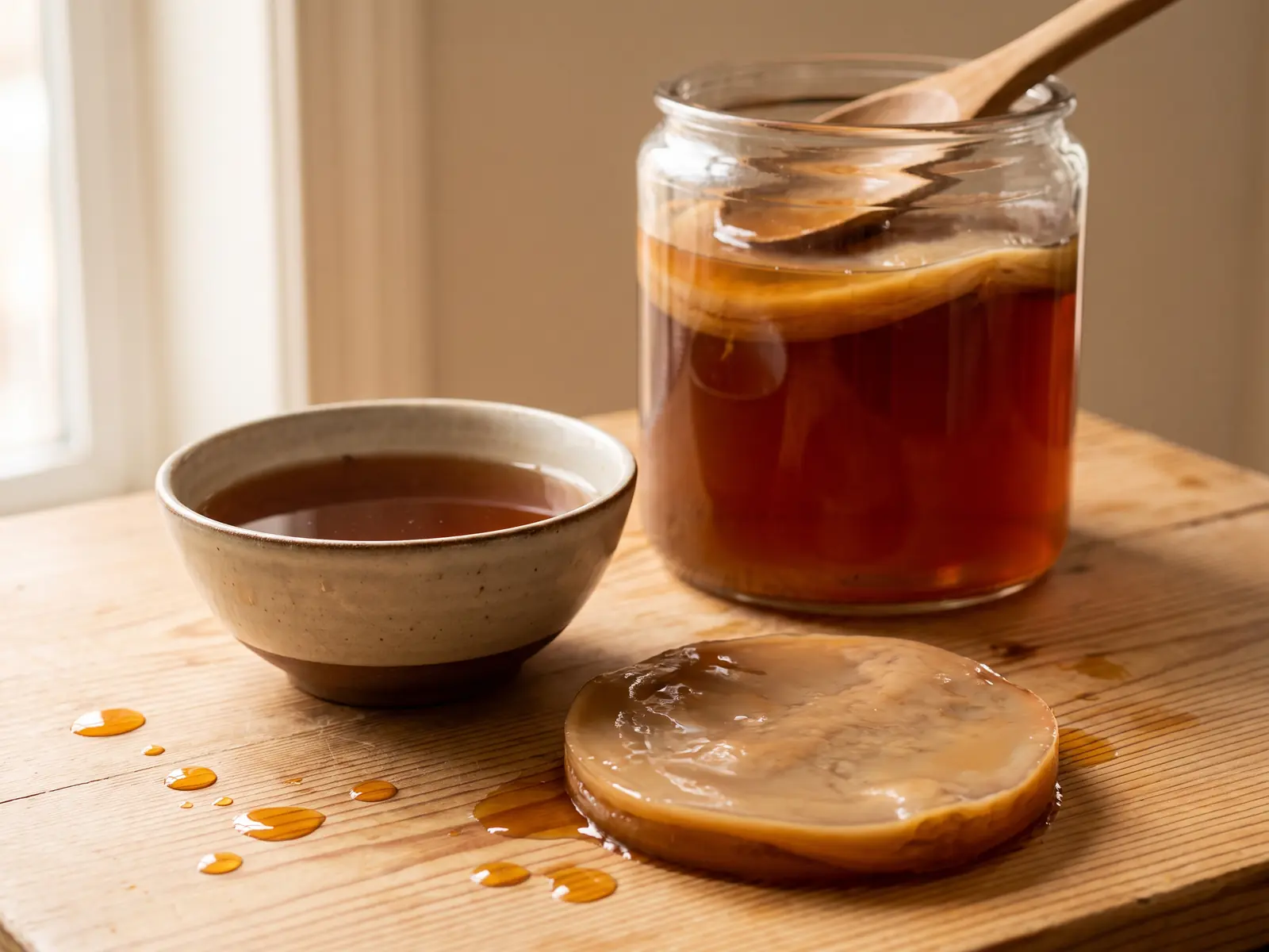 kombucha recept Pot met kombucha op een grenen tafel, met amberkleurige druppels en een kom thee op de achtergrond.