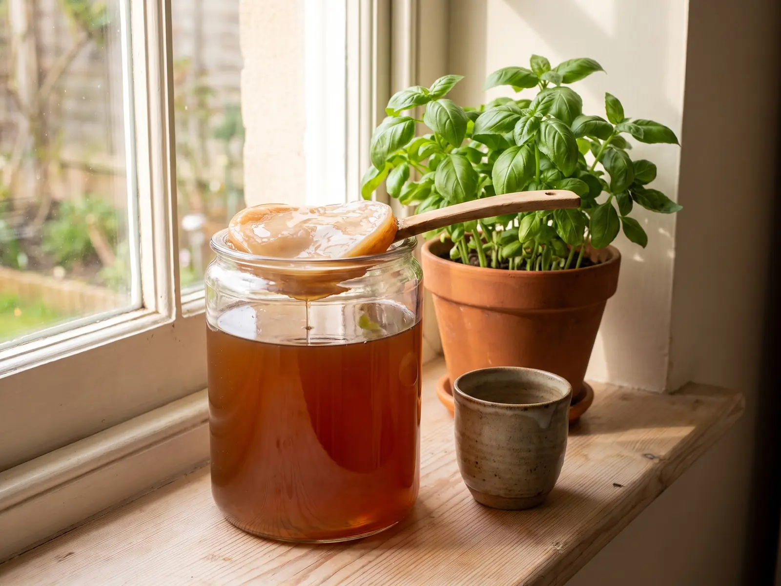 scoby dood Glazen pot met beige bruine SCOBY op een vensterbank naast basilicum, keramische kop en licht grenenhout.