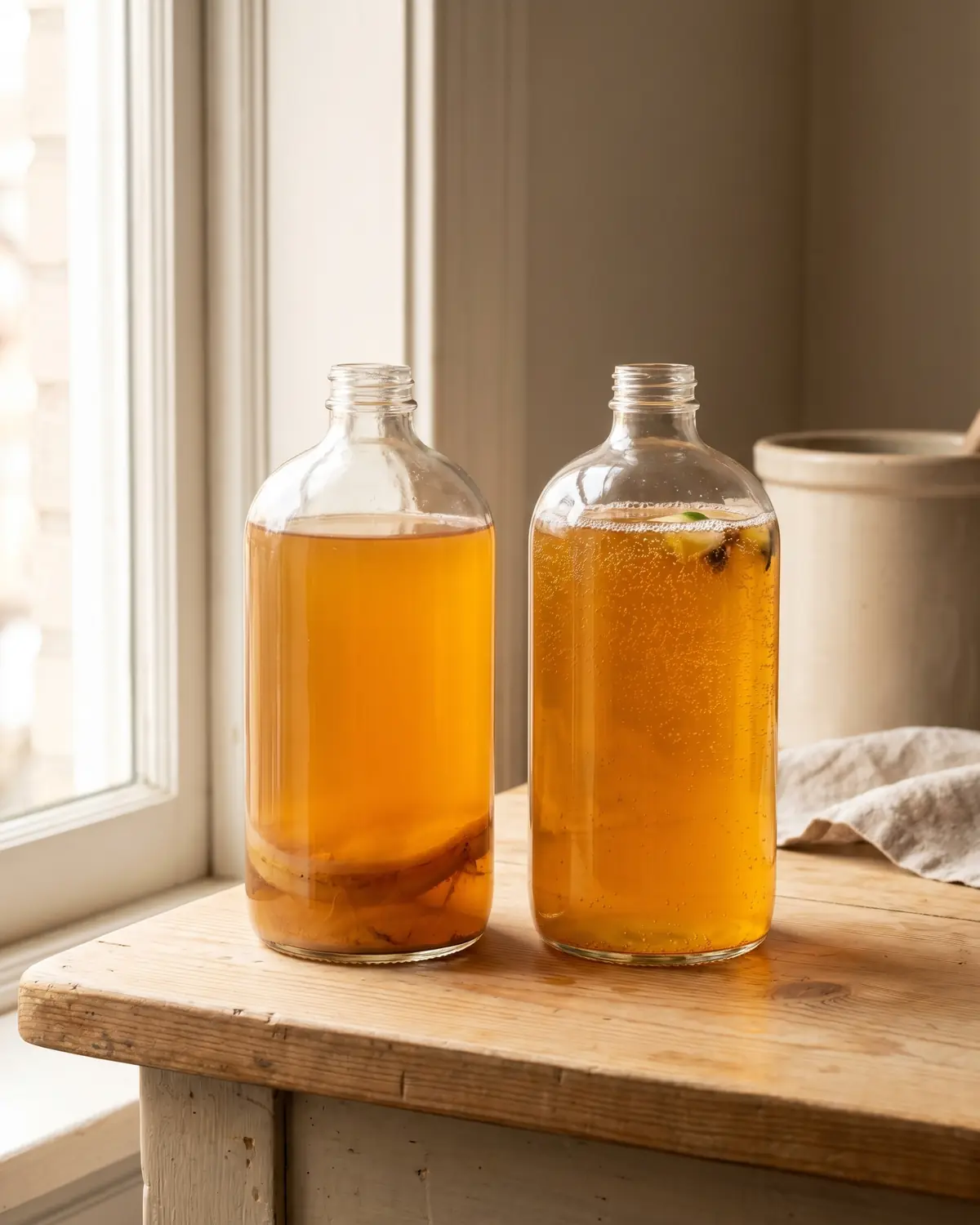 kombucha drankje Twee flessen kombucha naast elkaar: een troebele eerste fermentatie en een bruisende tweede fermentatie.