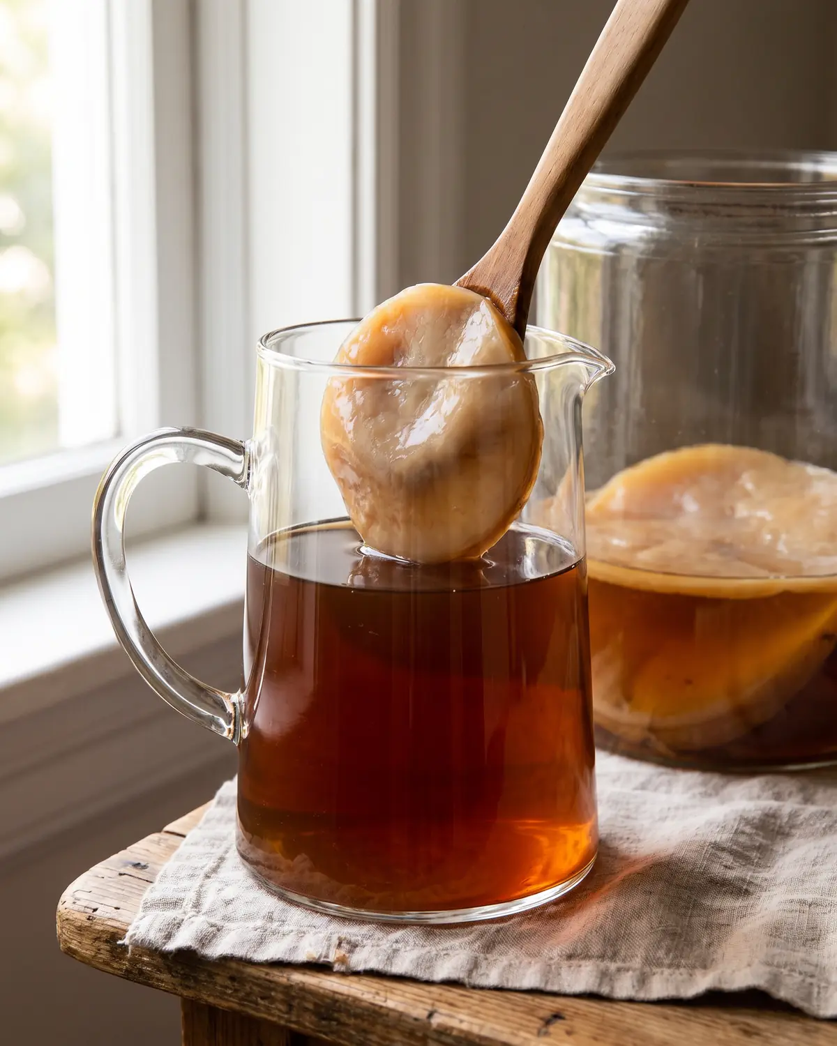 kombucha recept Verticale karaf met koude thee naast een pot, met een beige bruine SCOBY zacht onscherp op de achtergrond.