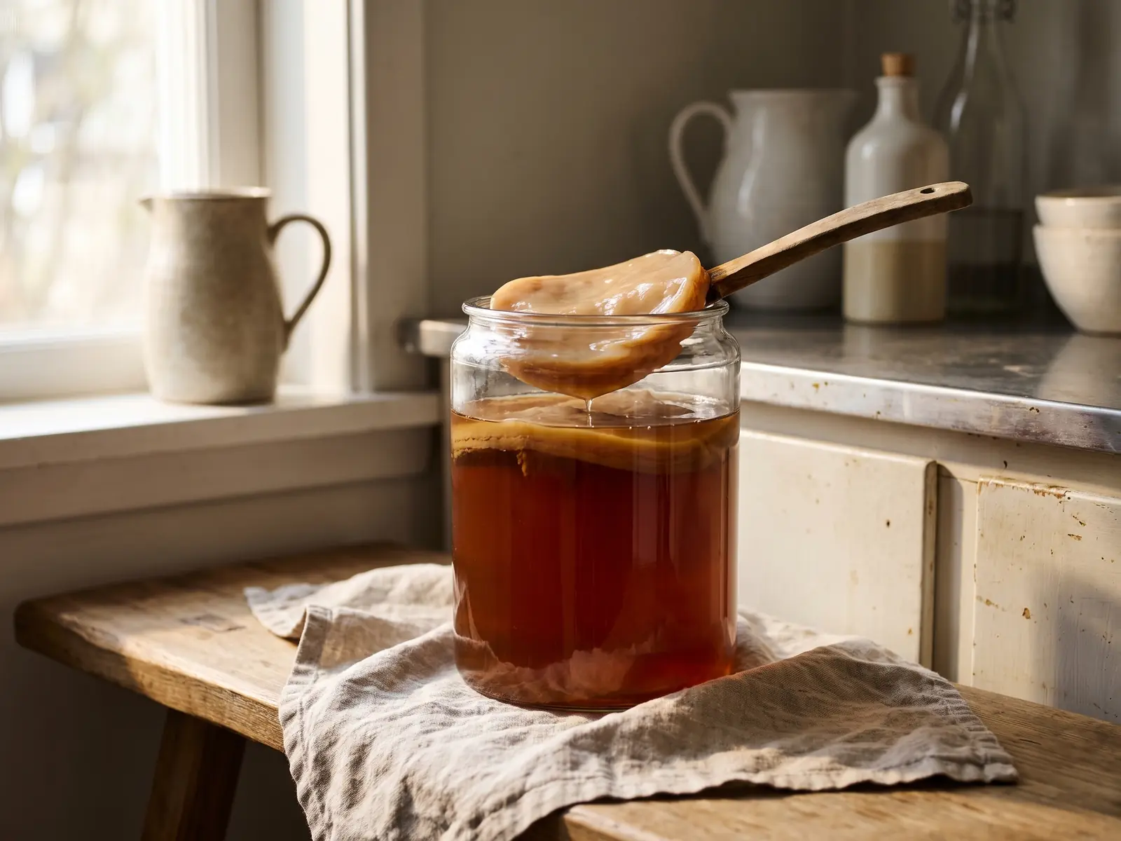kombucha drankje Pot met SCOBY op gekreukt linnen naast een werkblad, met onscherpe keramische kannen op de achtergrond.