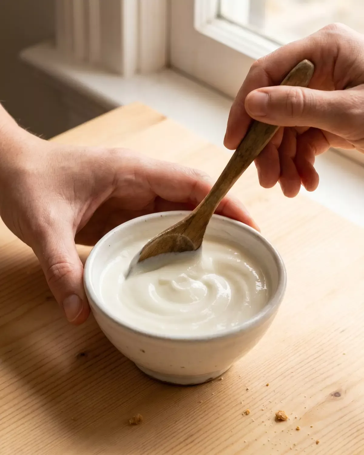 Hand roert met een houten lepel door romige yoghurt in een kom, met een zachte swirl in de structuur.