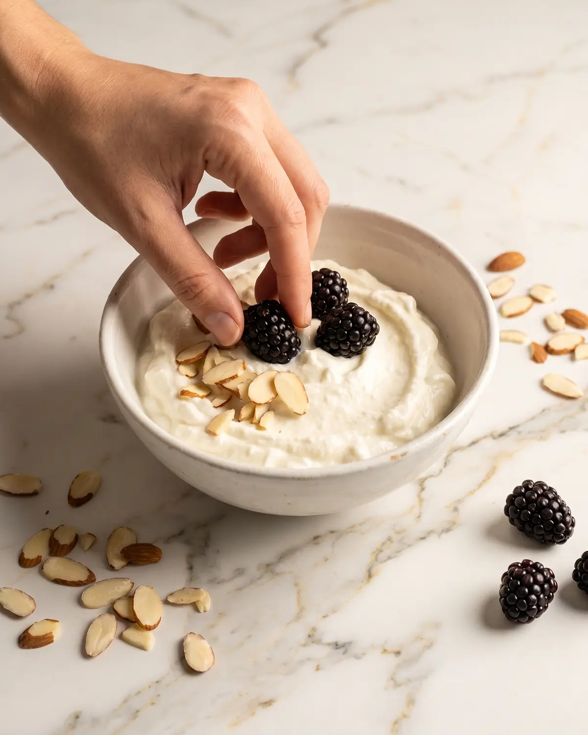 maken van yoghurt Hand legt bramen op yoghurt met amandelschaafsel rondom en geaderd marmer als ondergrond.