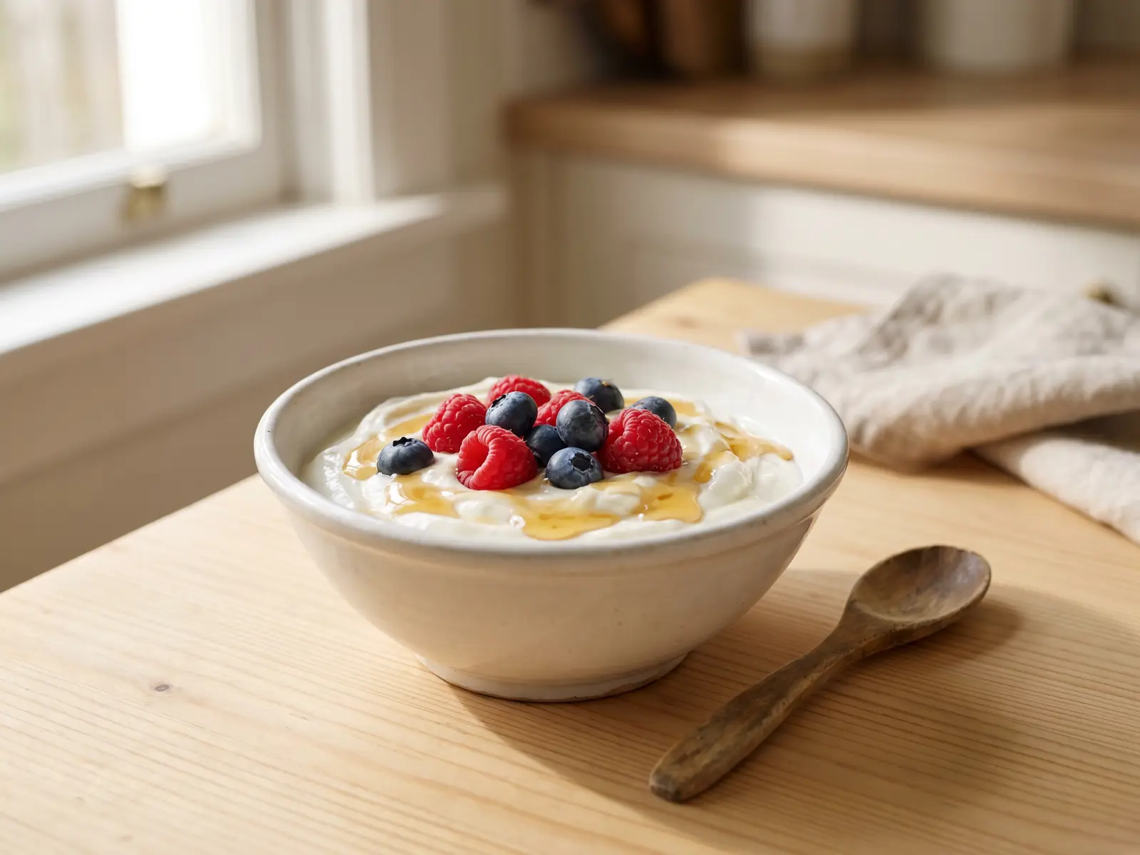 maken van yoghurt Kom met romige yoghurt, verse rode vruchten, gouden honing en een houten lepel op tafel.