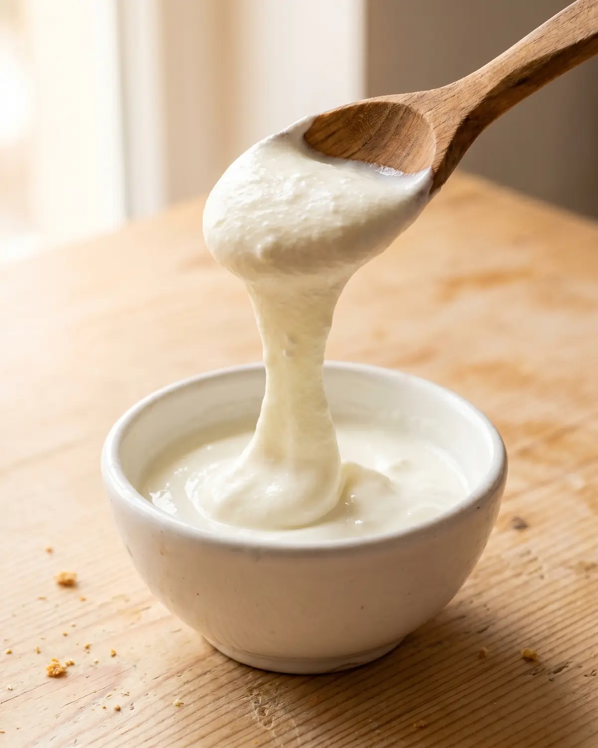Houten lepel tilt dikke yoghurt op, met een elastische draad die langzaam terug in de kom valt.