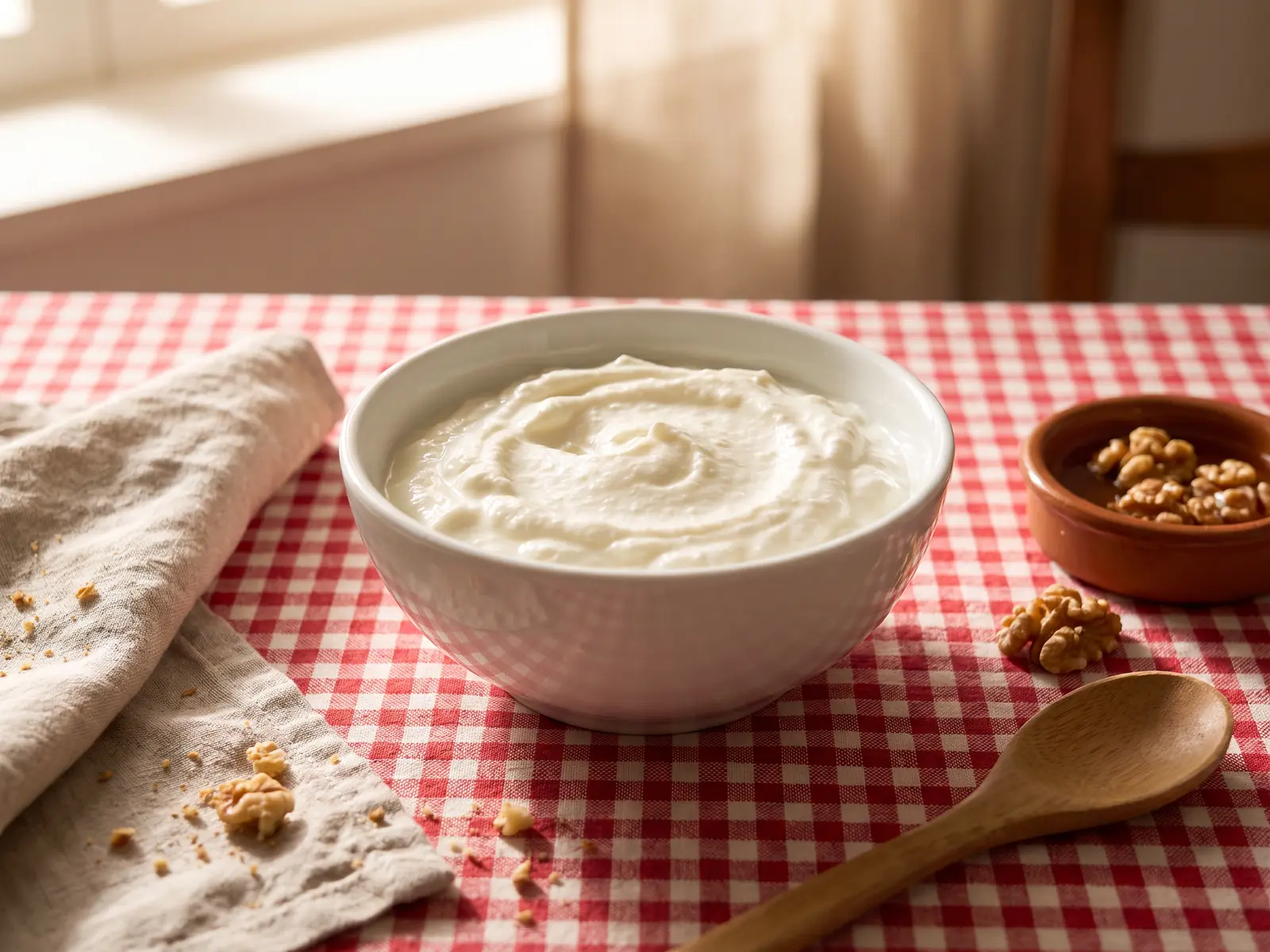 Witte kom met gladde yoghurt op een namiddagtafel met geruit tafelkleed en zachte huiselijke sfeer.